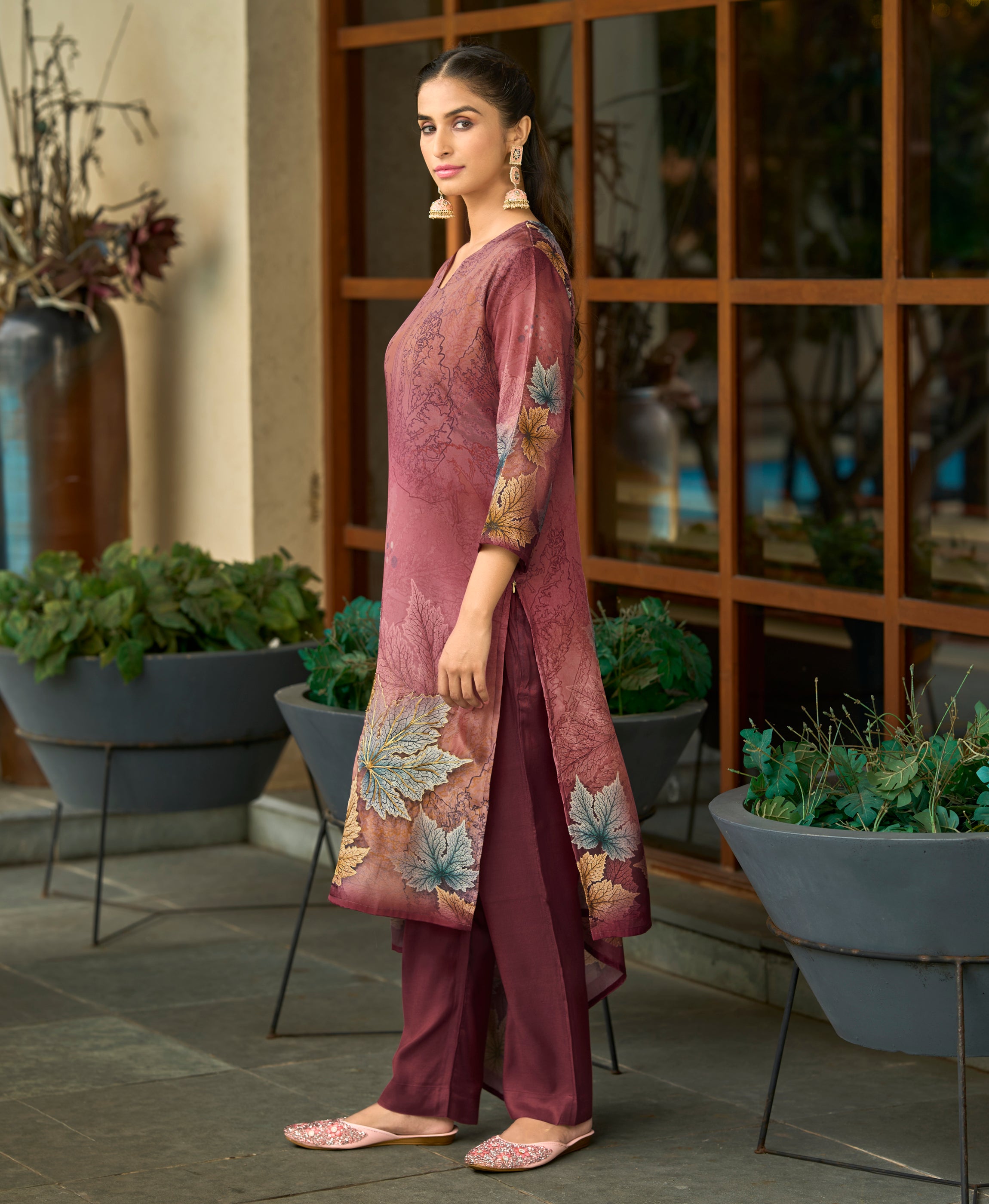 Her Couture Women's Maroon Silk Crepe Floral Printed Straight Kurta With Comfort Fitting Pant & Printed Dupatta