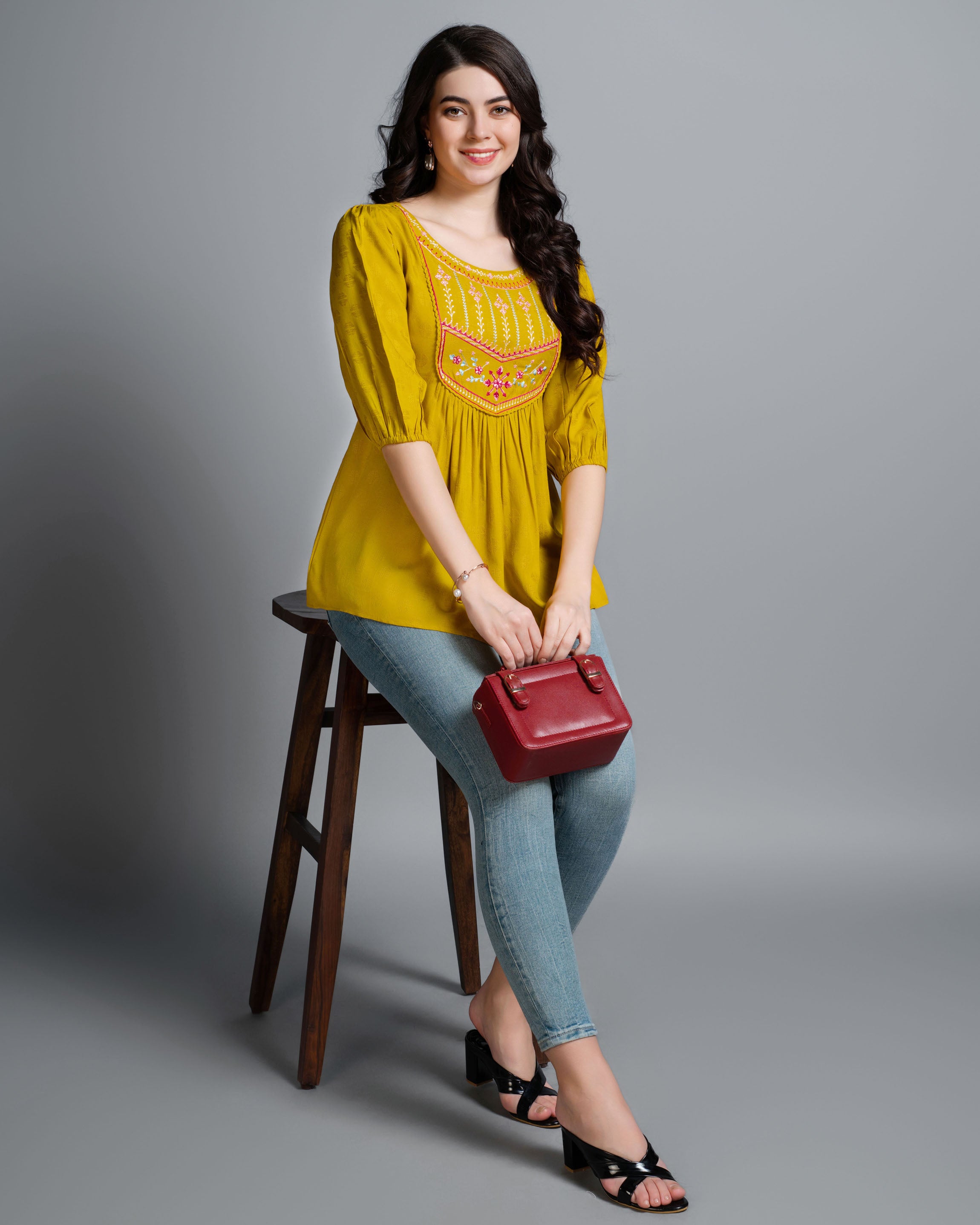 Her Couture Women's Mustard Pure Viscose Rayon Floral Embroidered A-line Top