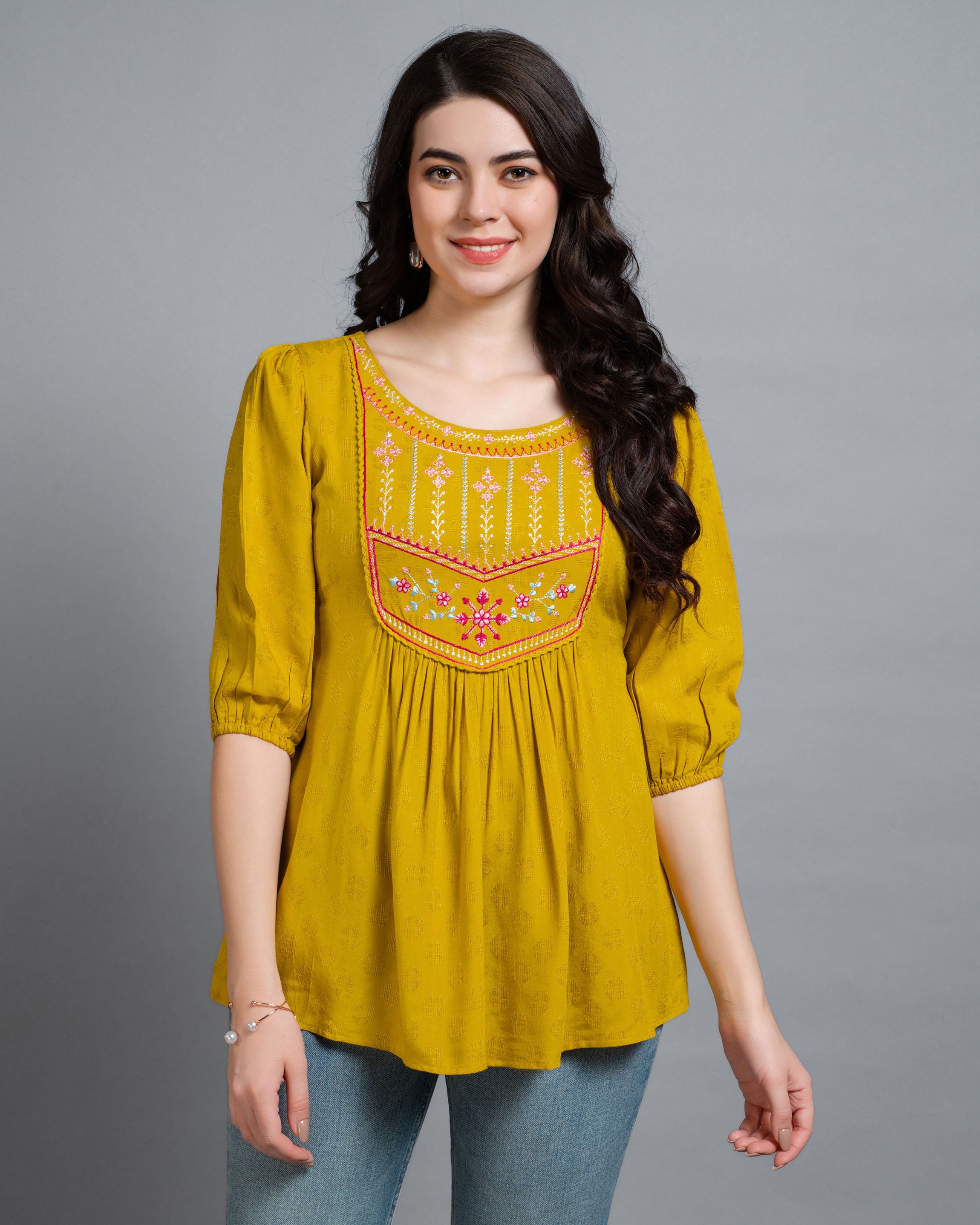 Mustard Viscose Rayon Round Neck Floral Embroidered Top by Her Couture