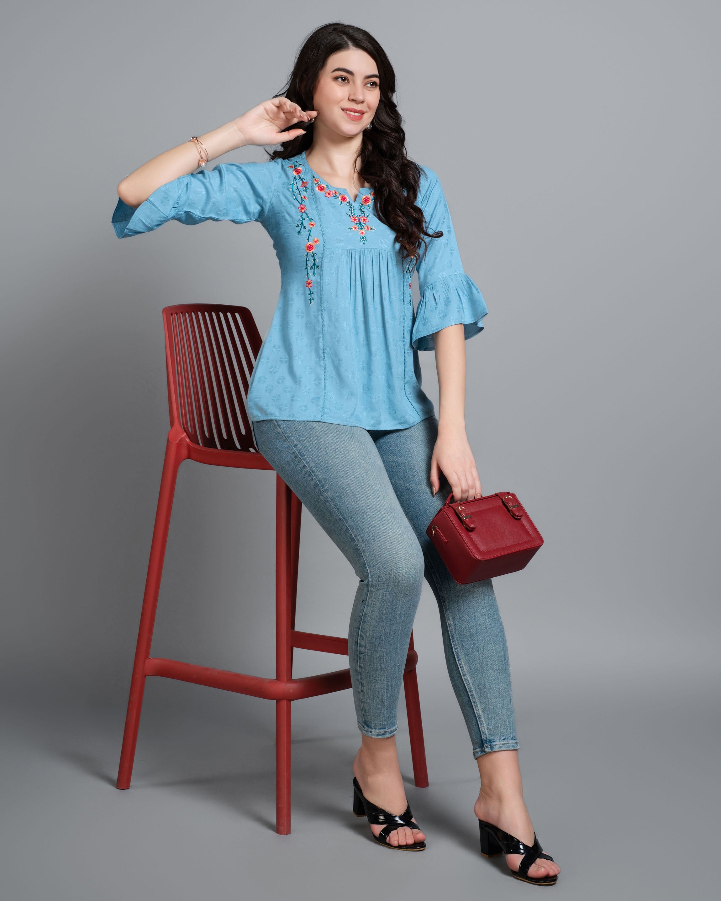 Her Couture Women's Turquoise Pure Viscose Rayon Floral Embroidered A-line Top