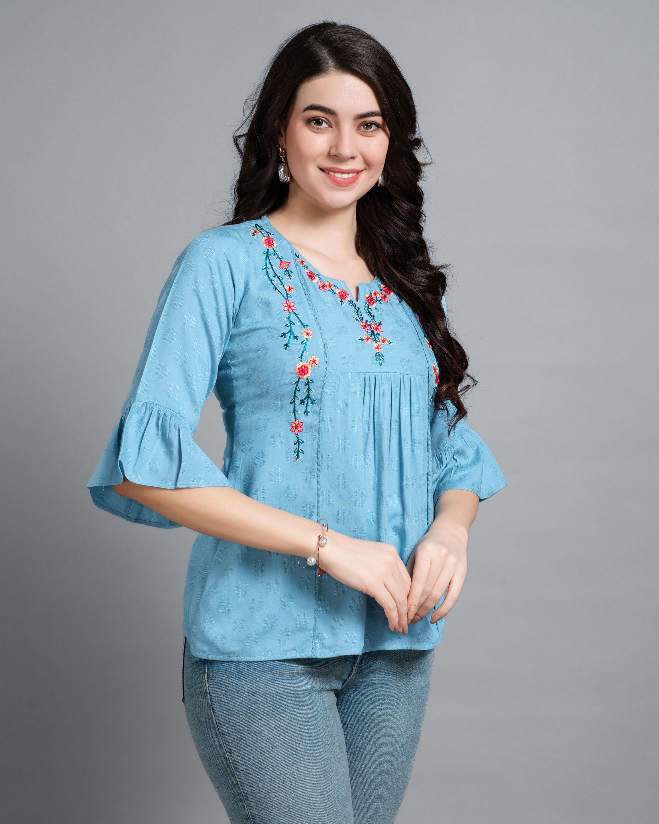 Her Couture Women's Turquoise Pure Viscose Rayon Floral Embroidered A-line Top