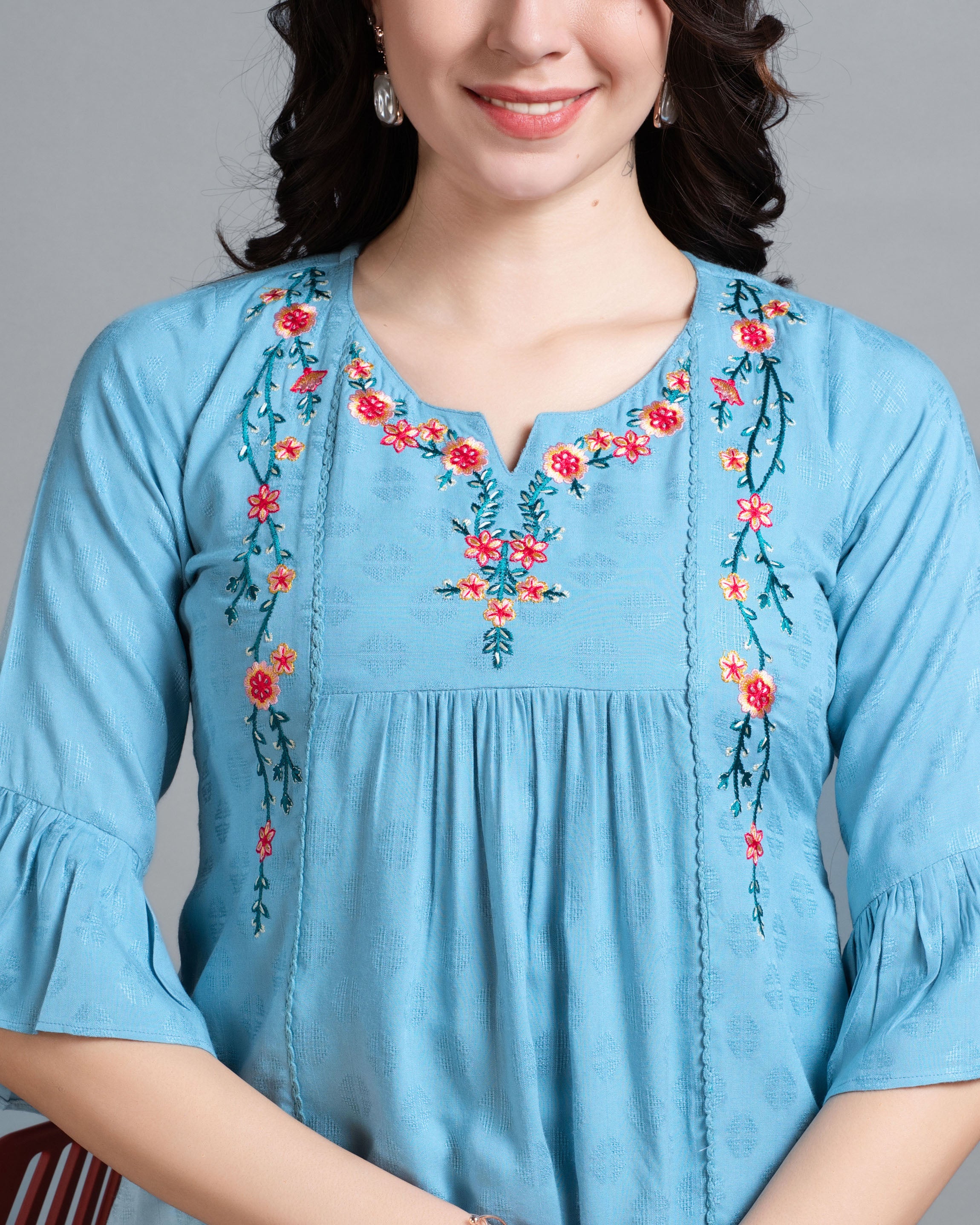 Her Couture Women's Turquoise Pure Viscose Rayon Floral Embroidered A-line Top