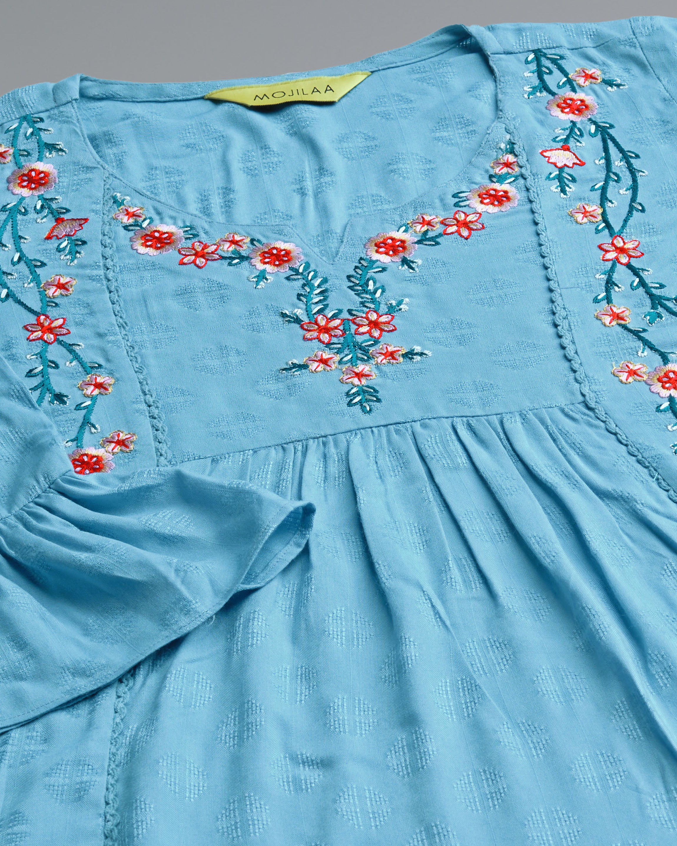 Her Couture Women's Turquoise Pure Viscose Rayon Floral Embroidered A-line Top