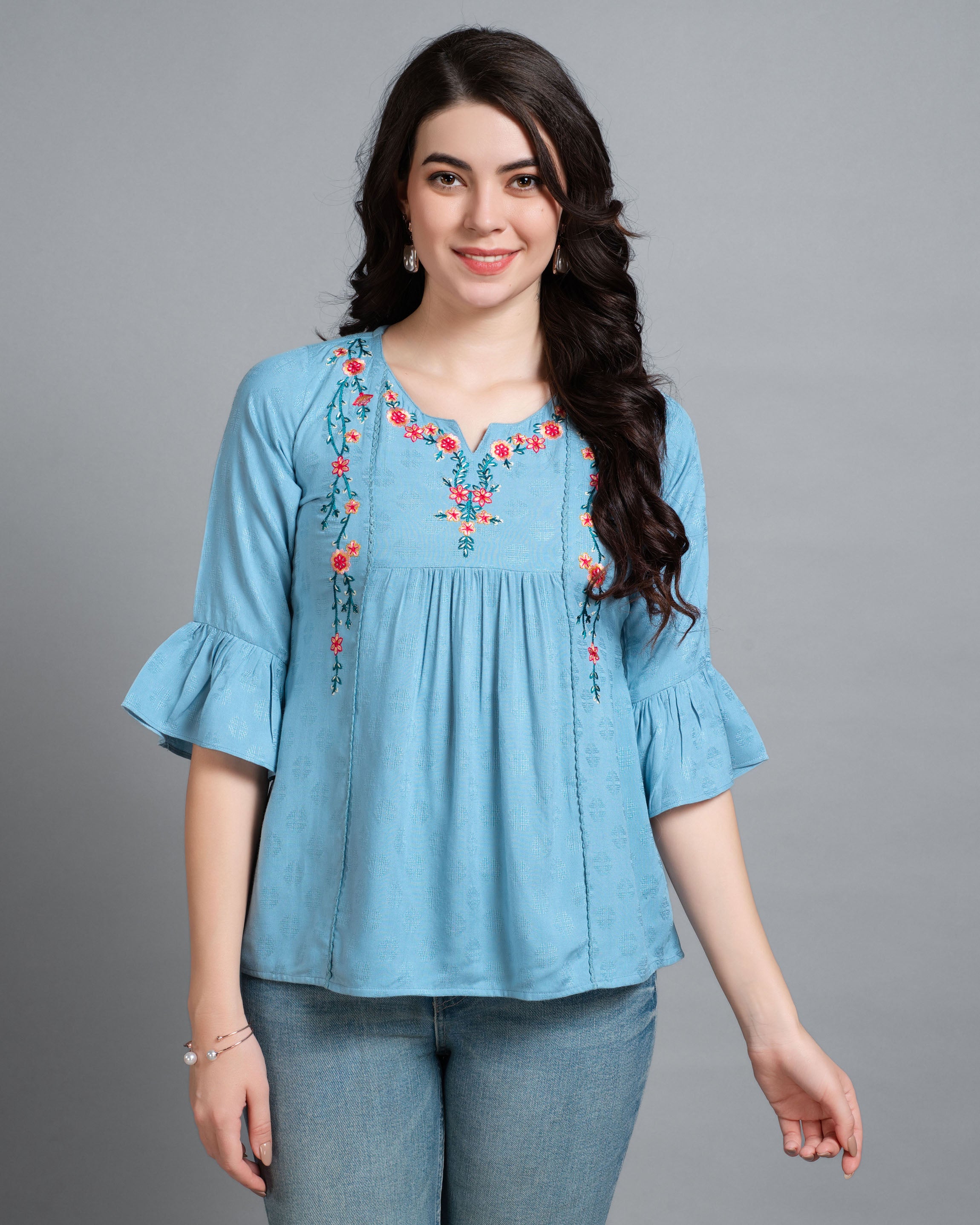 Turquoise Viscose Rayon Round Neck Floral Embroidered Top by Her Couture