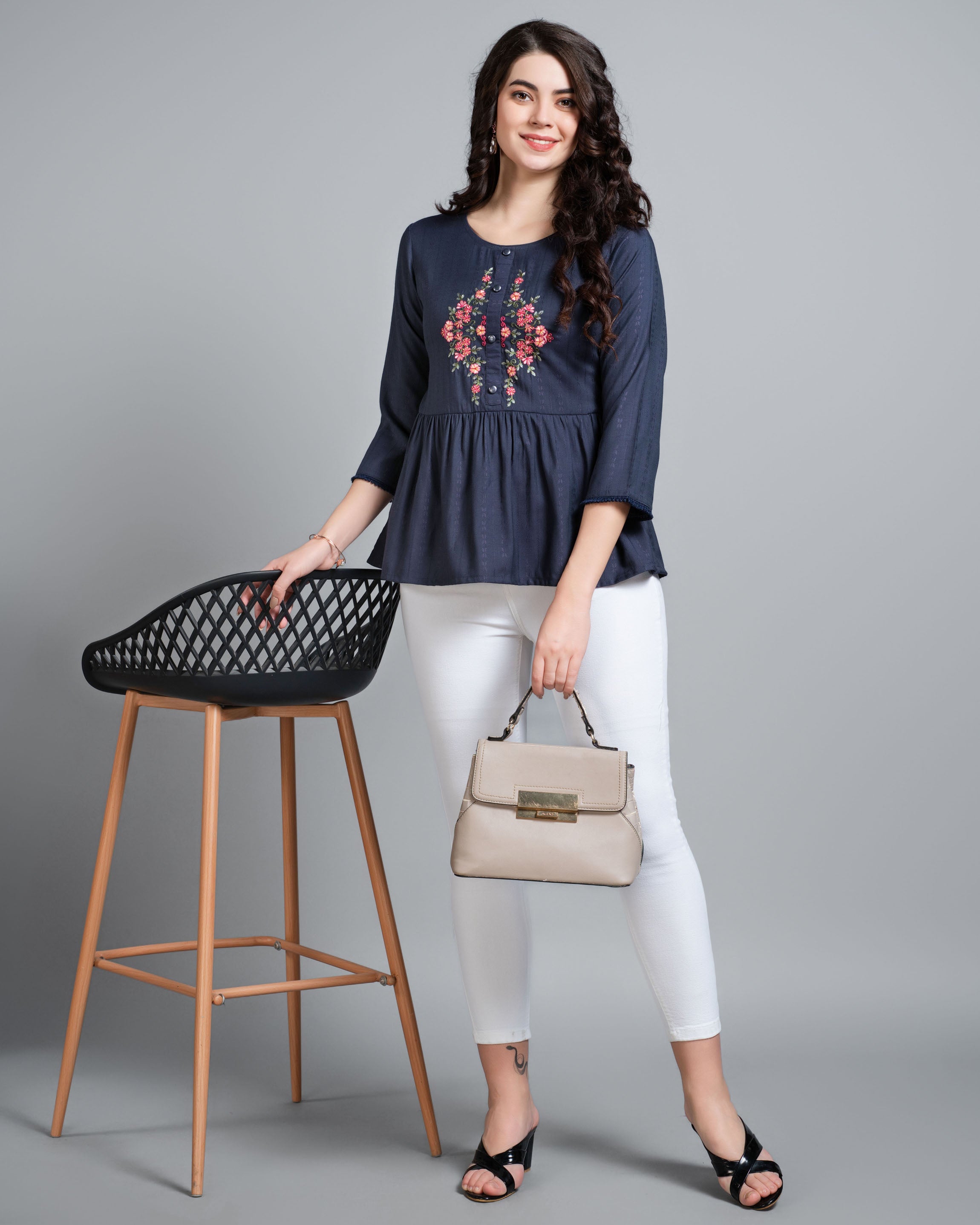 Her Couture Women's Navy Blue Pure Viscose Rayon Floral Embroidered Peplum Top