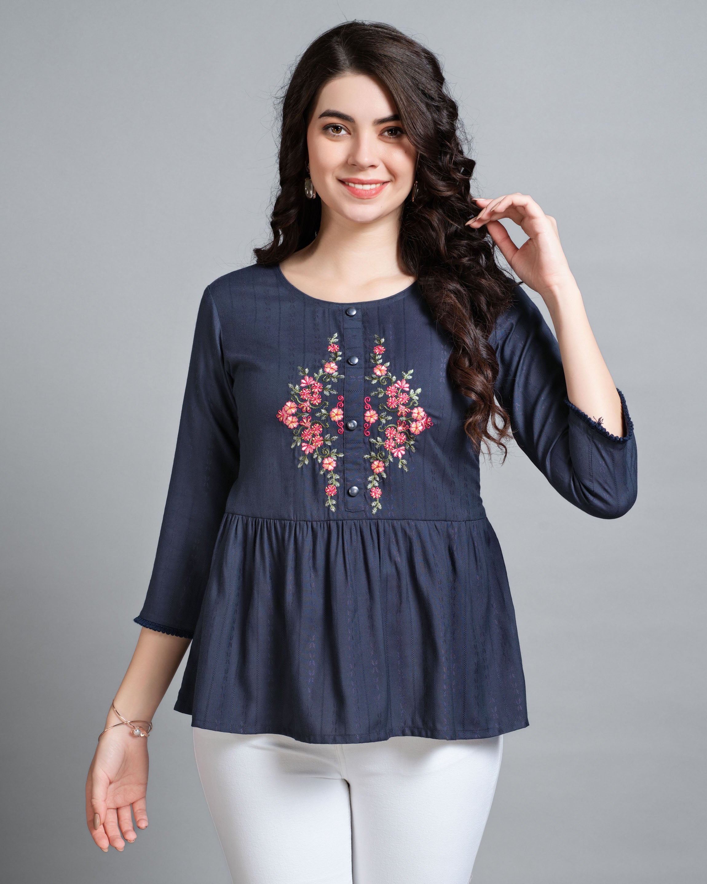 Navy Blue Viscose Rayon Round Neck Floral Embroidered Top by Her Couture