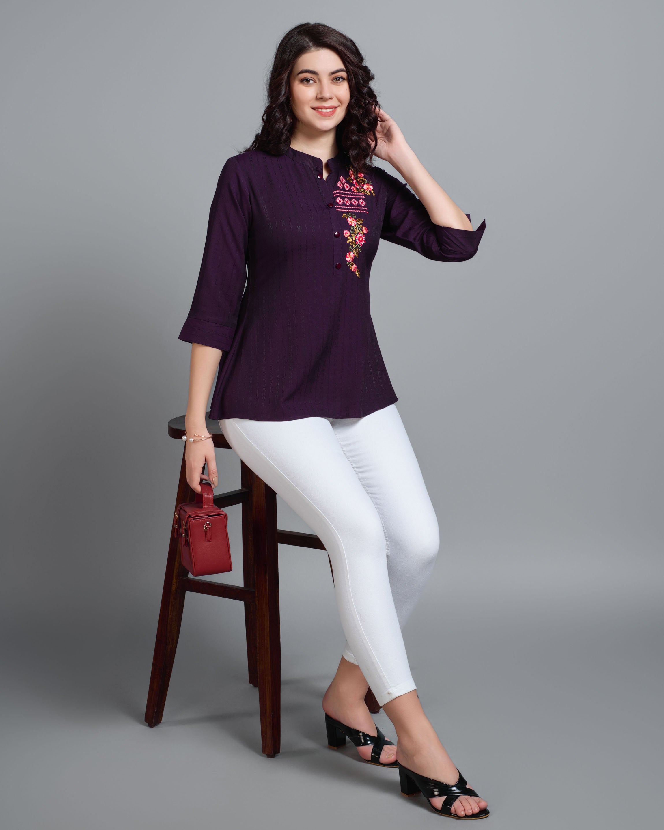 Her Couture Women's Wine Pure Viscose Rayon Floral Embroidered A-line Top