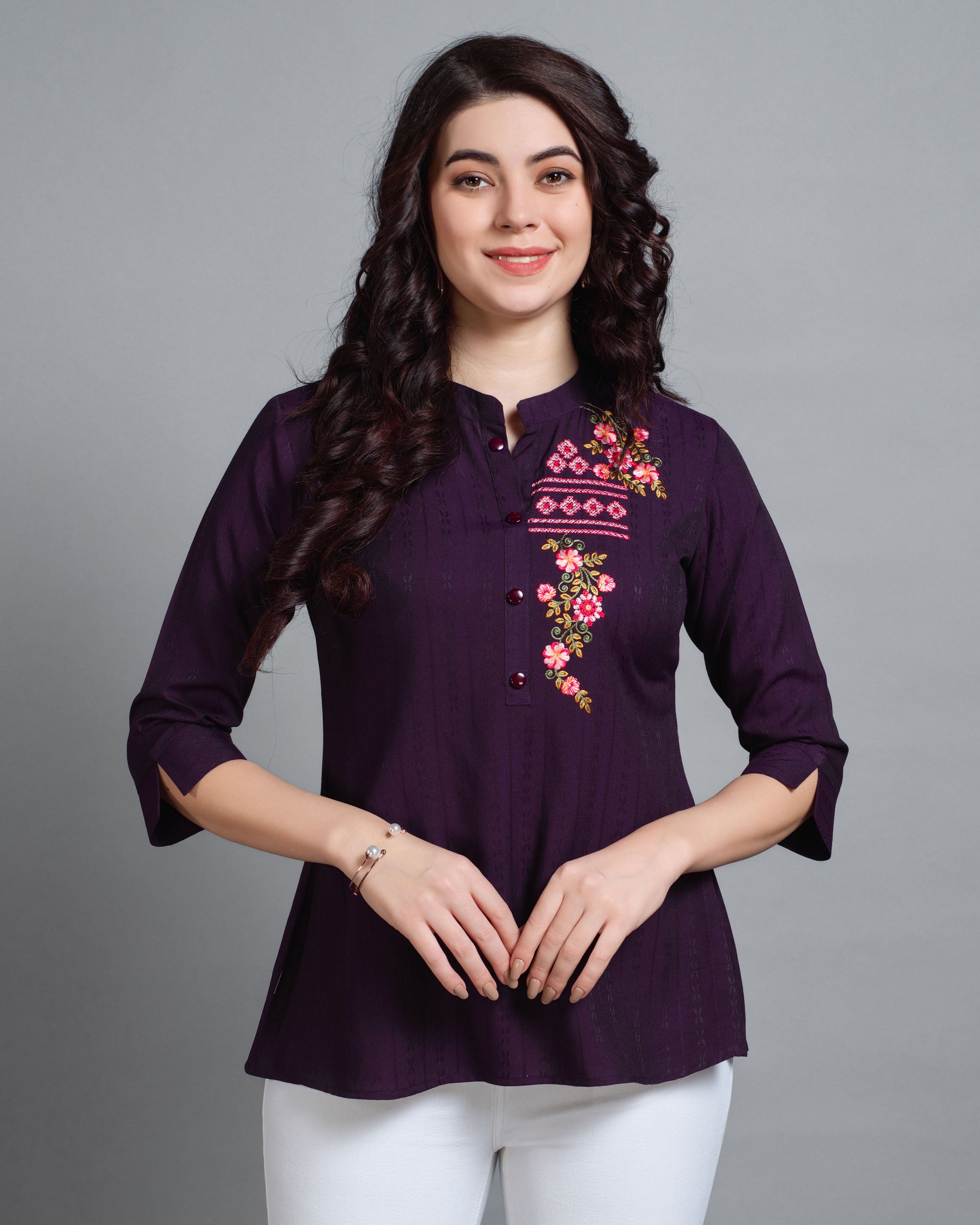 Wine Viscose Rayon Mandarin Collar Floral Embroidered Top by Her Couture