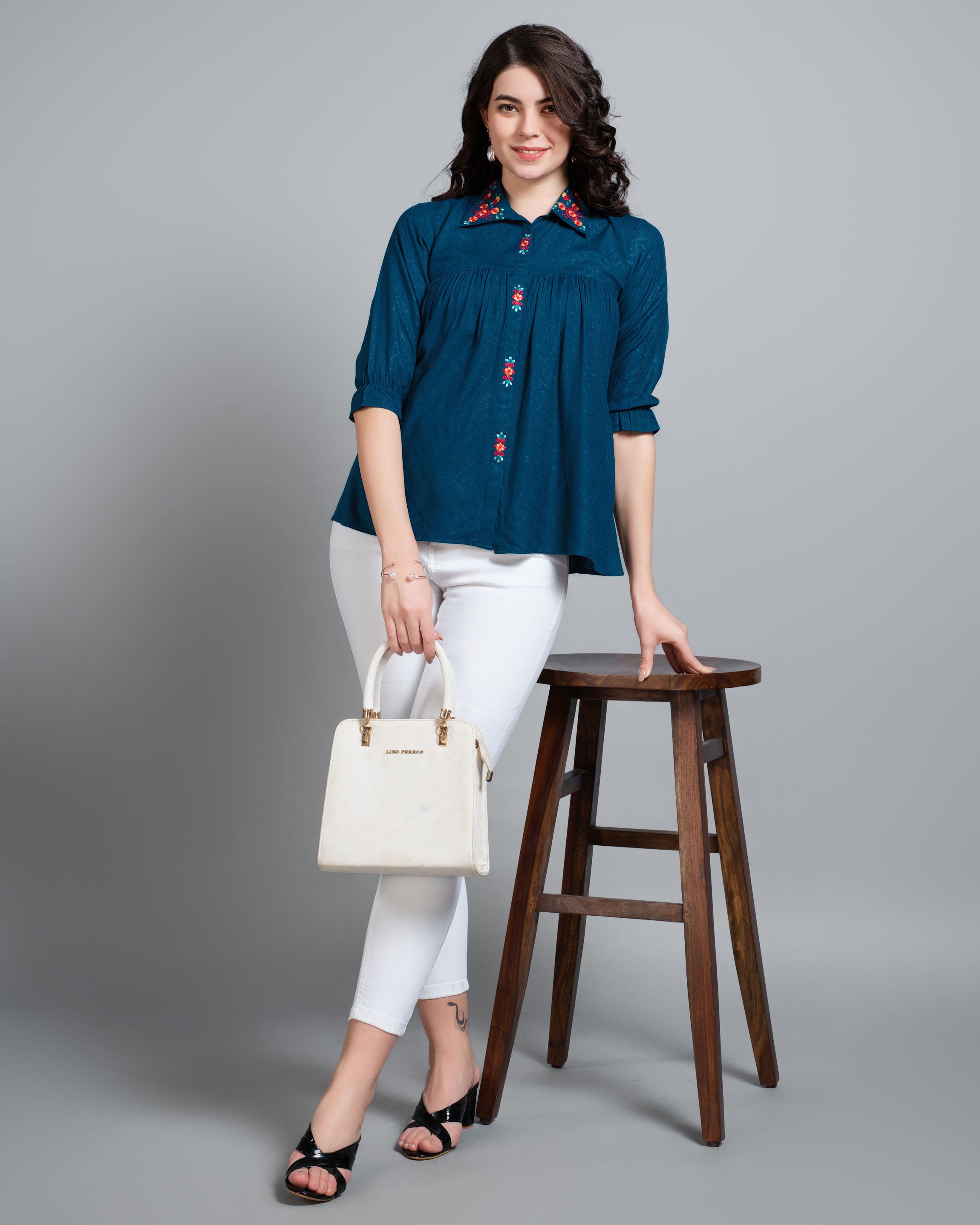 Her Couture Women's Teal Pure Viscose Rayon Floral Embroidered Shirt Style Top