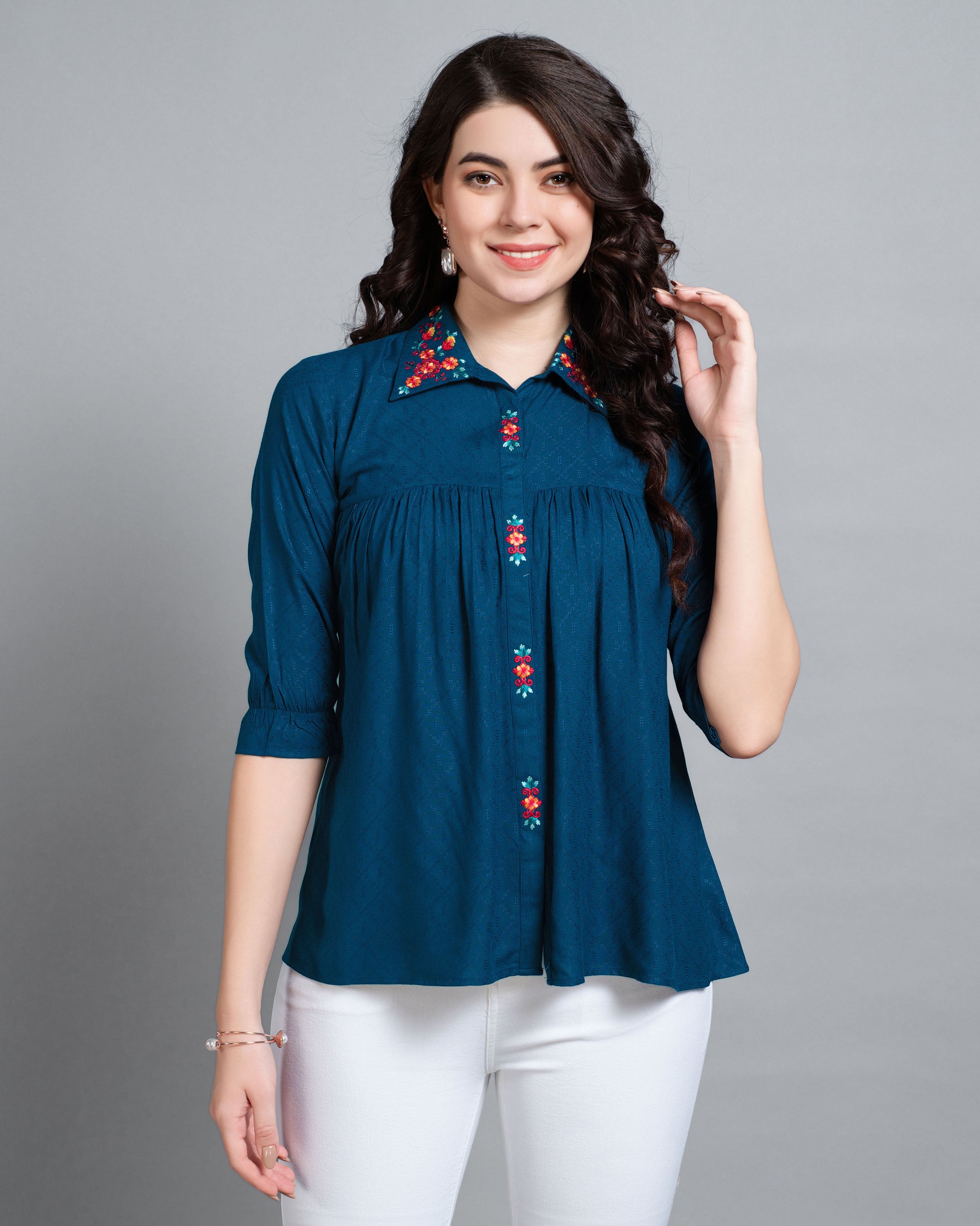 Teal Viscose Rayon Shirt Collar Floral Embroidered Top by Her Couture