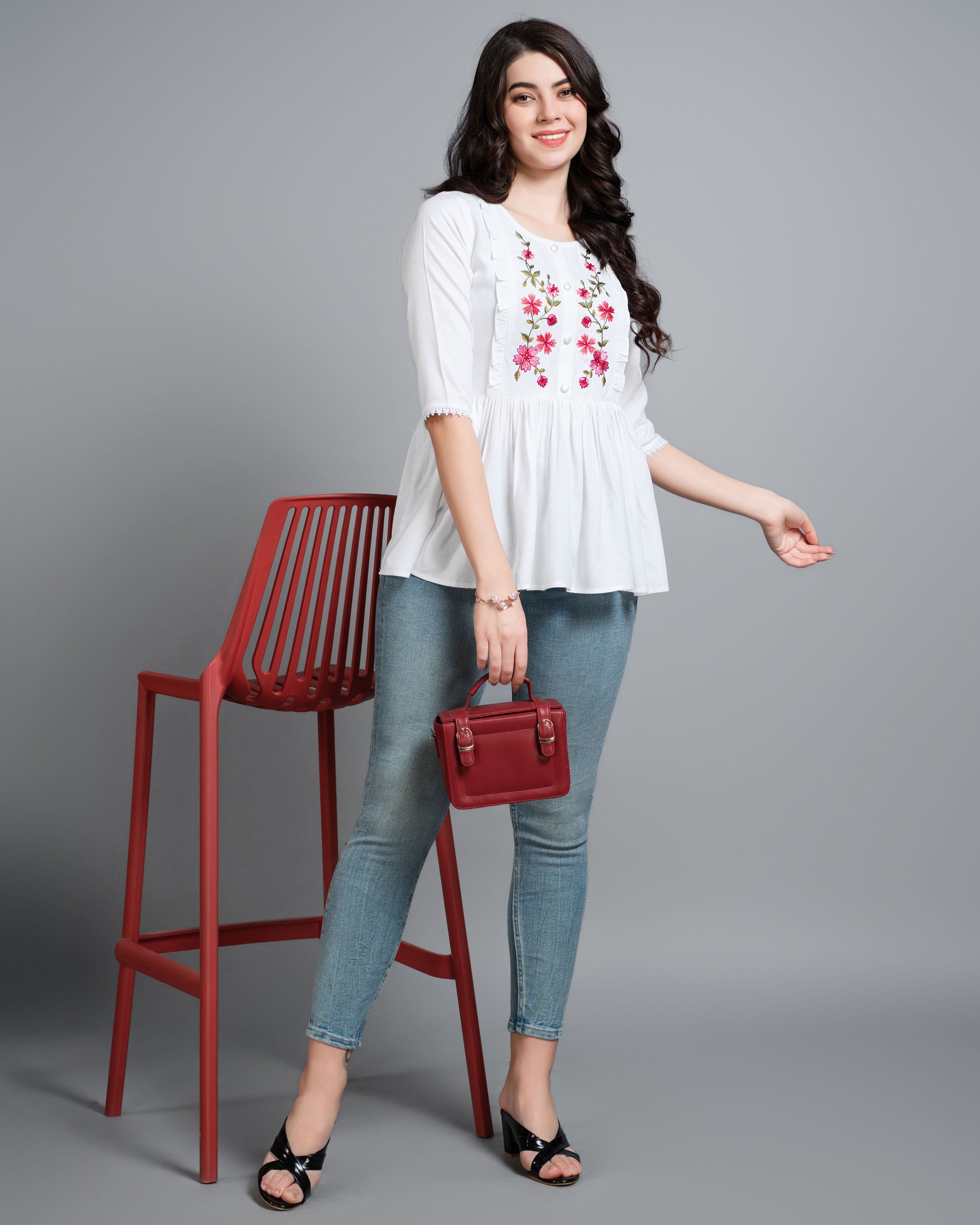 Her Couture Women's White Pure Viscose Rayon Floral Embroidered Peplum Top