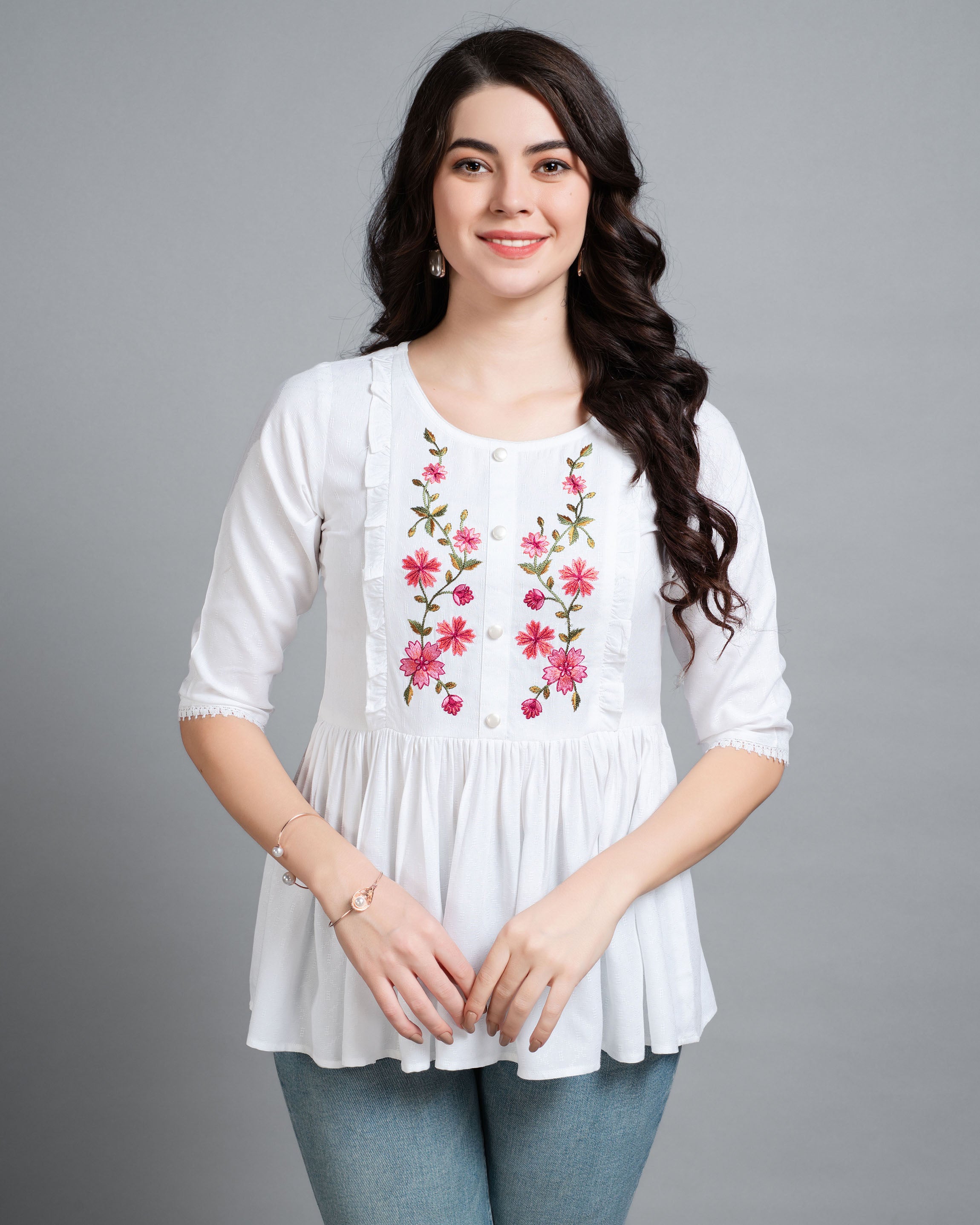 White Viscose Rayon Round Neck Floral Embroidered Top by Her Couture