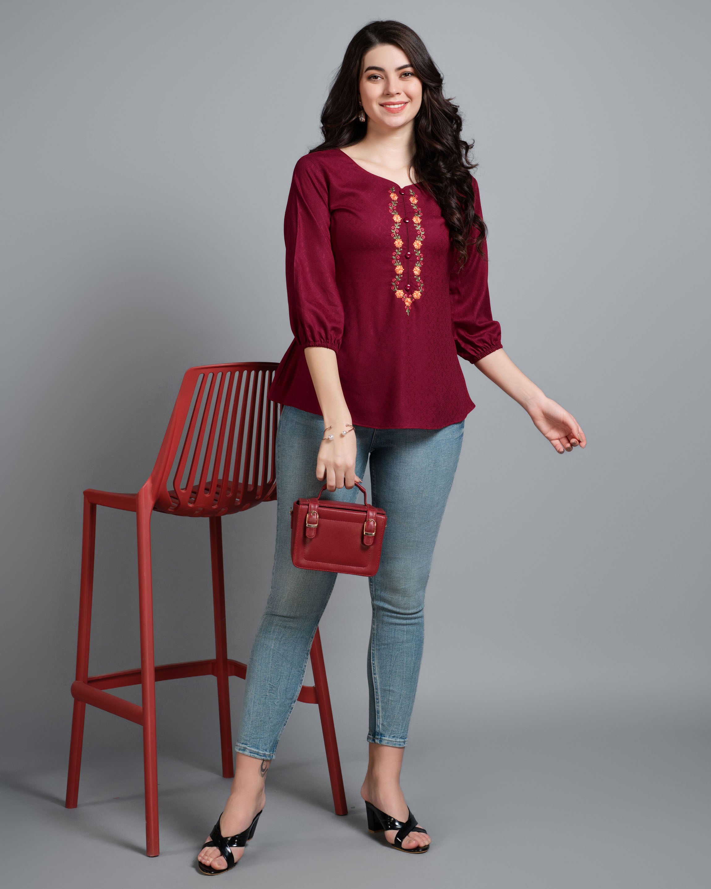 Her Couture Women's Maroon Pure Viscose Rayon Floral Embroidered A-line Top