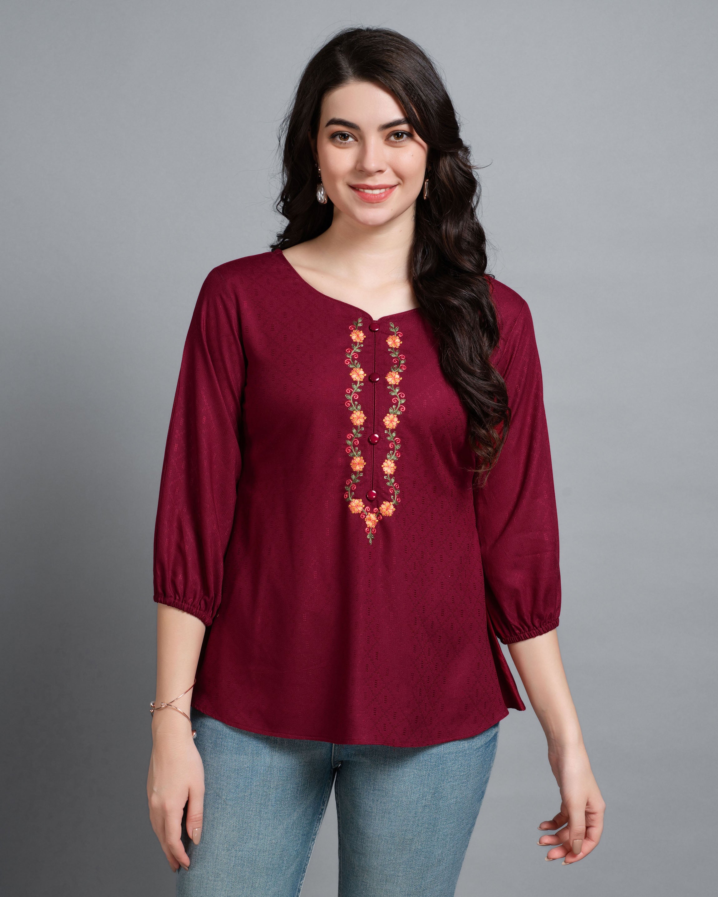 Maroon Viscose Rayon Sweetheart Neck Floral Embroidered Top by Her Couture