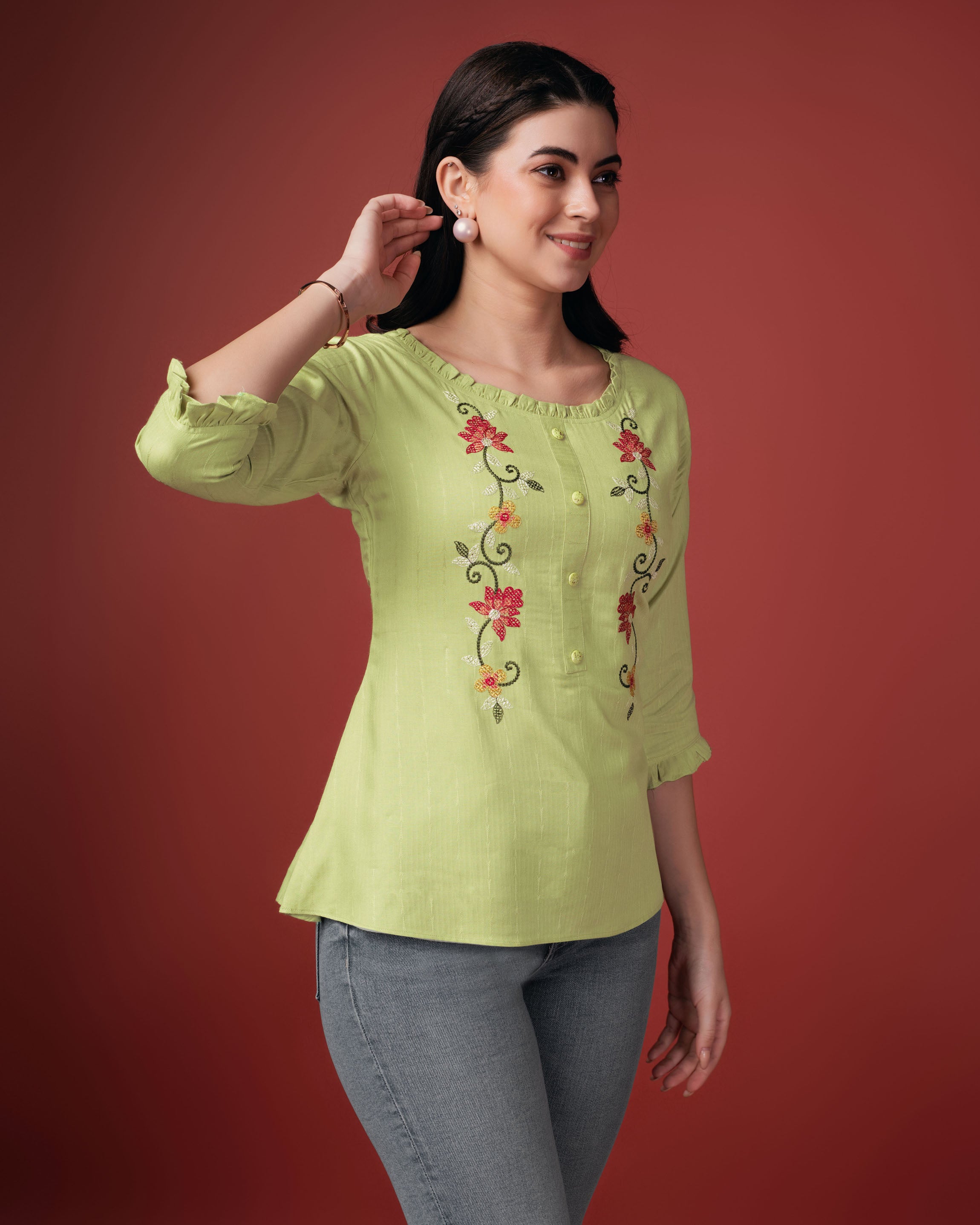 Her Couture Women's Lime Green Pure Viscose Rayon Floral Embroidered A-line Top
