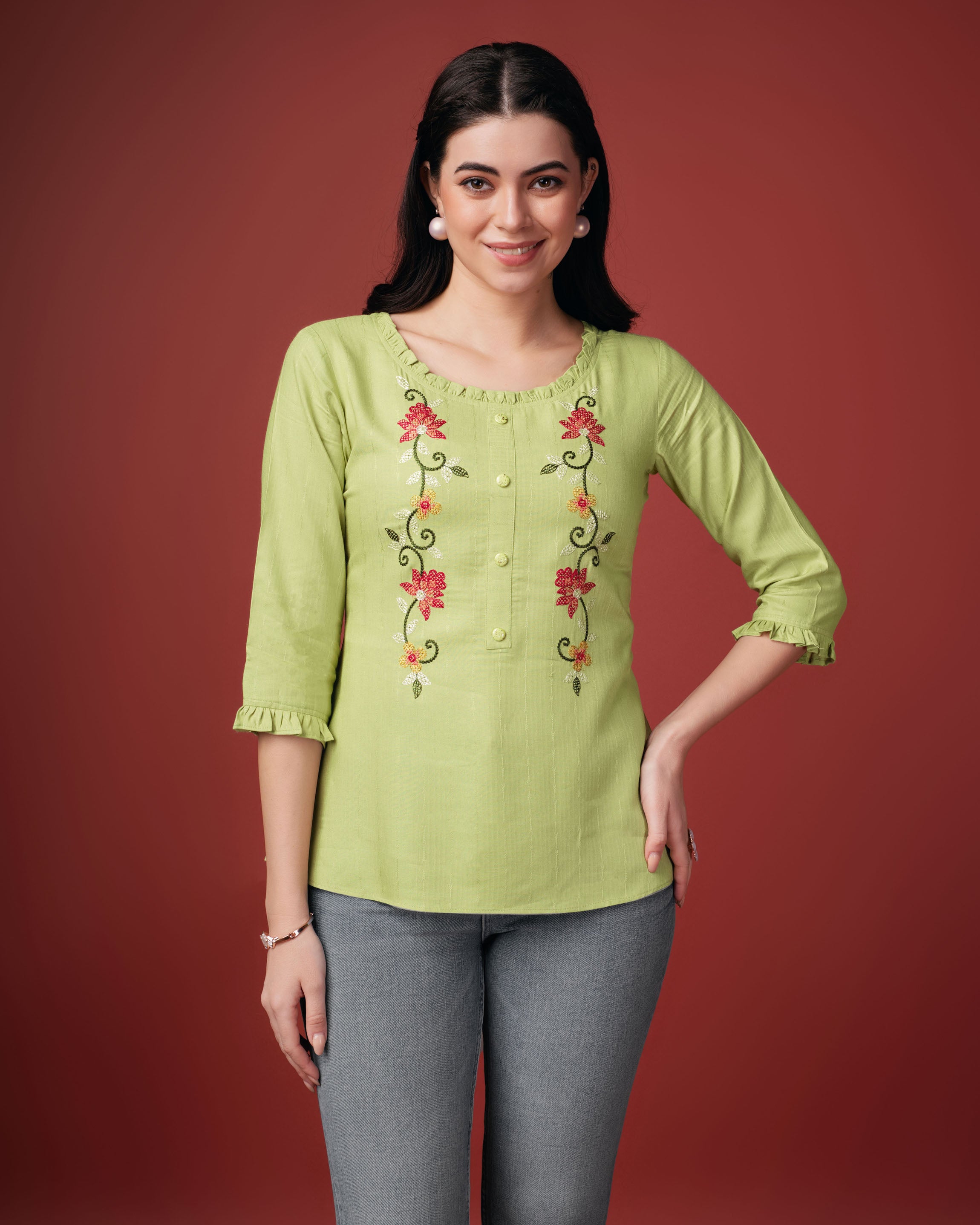 Lime Green Viscose Rayon Round Neck Floral Embroidered Top by Her Couture