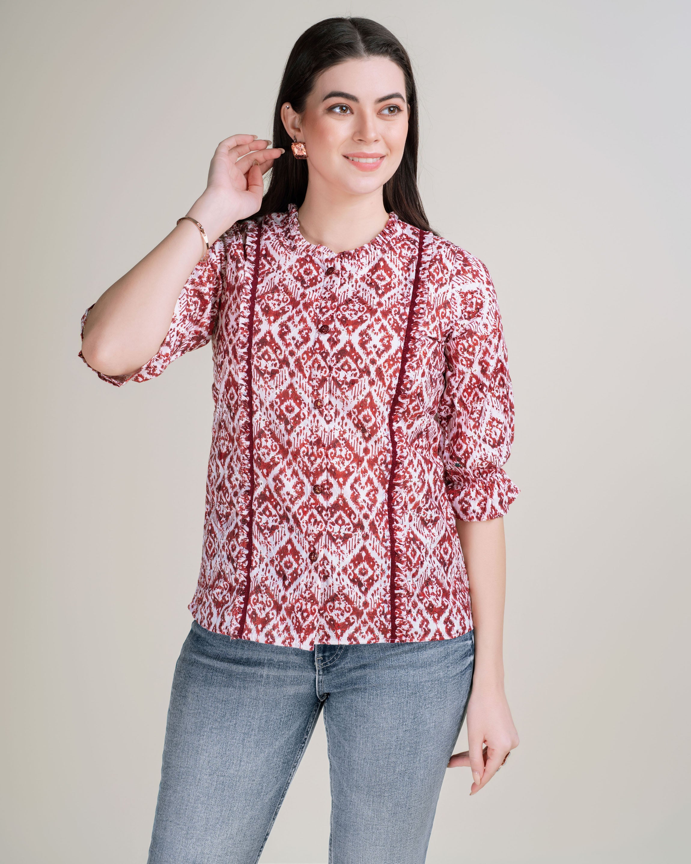 Her Couture Women's Brown Pure Cotton Blend Ikat Print Bored Schiffli Embroidered A-line Top