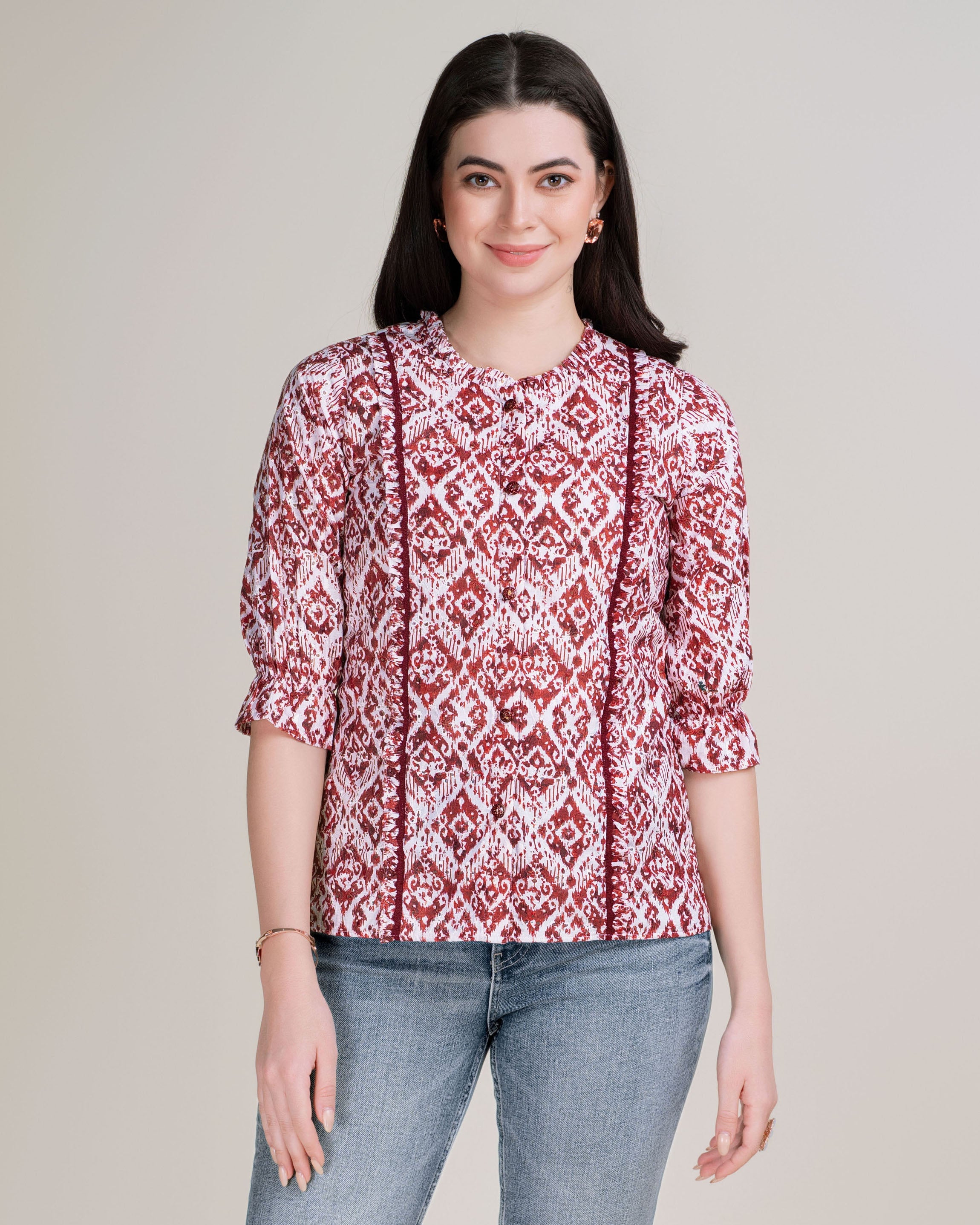 Brown Cotton Blend Mandarin Collar Ikat Print Top by Her Couture