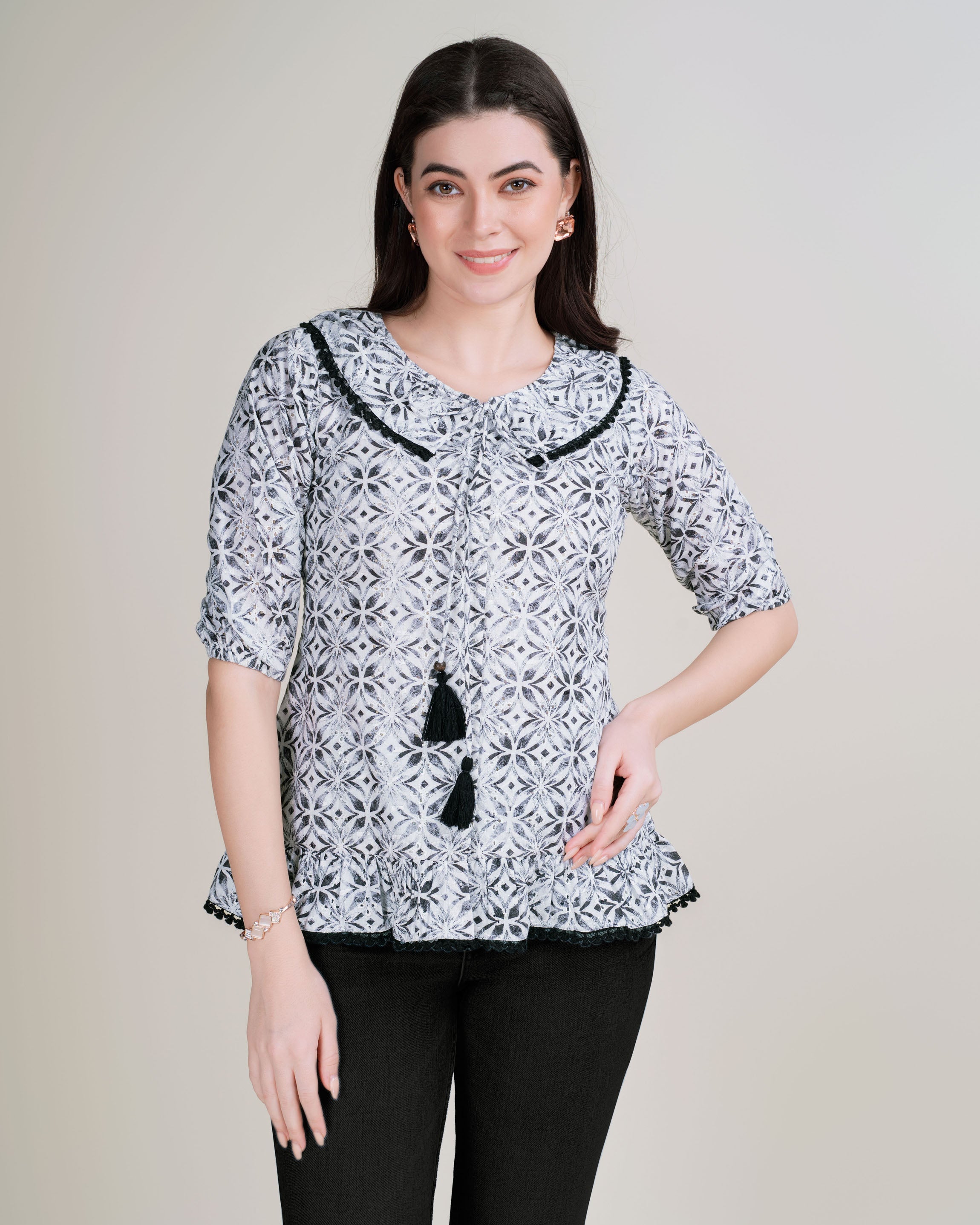 Her Couture Women's Black Pure Cotton Blend Abstract Printed Bored Schiffli Embroidered Drop Waist Top