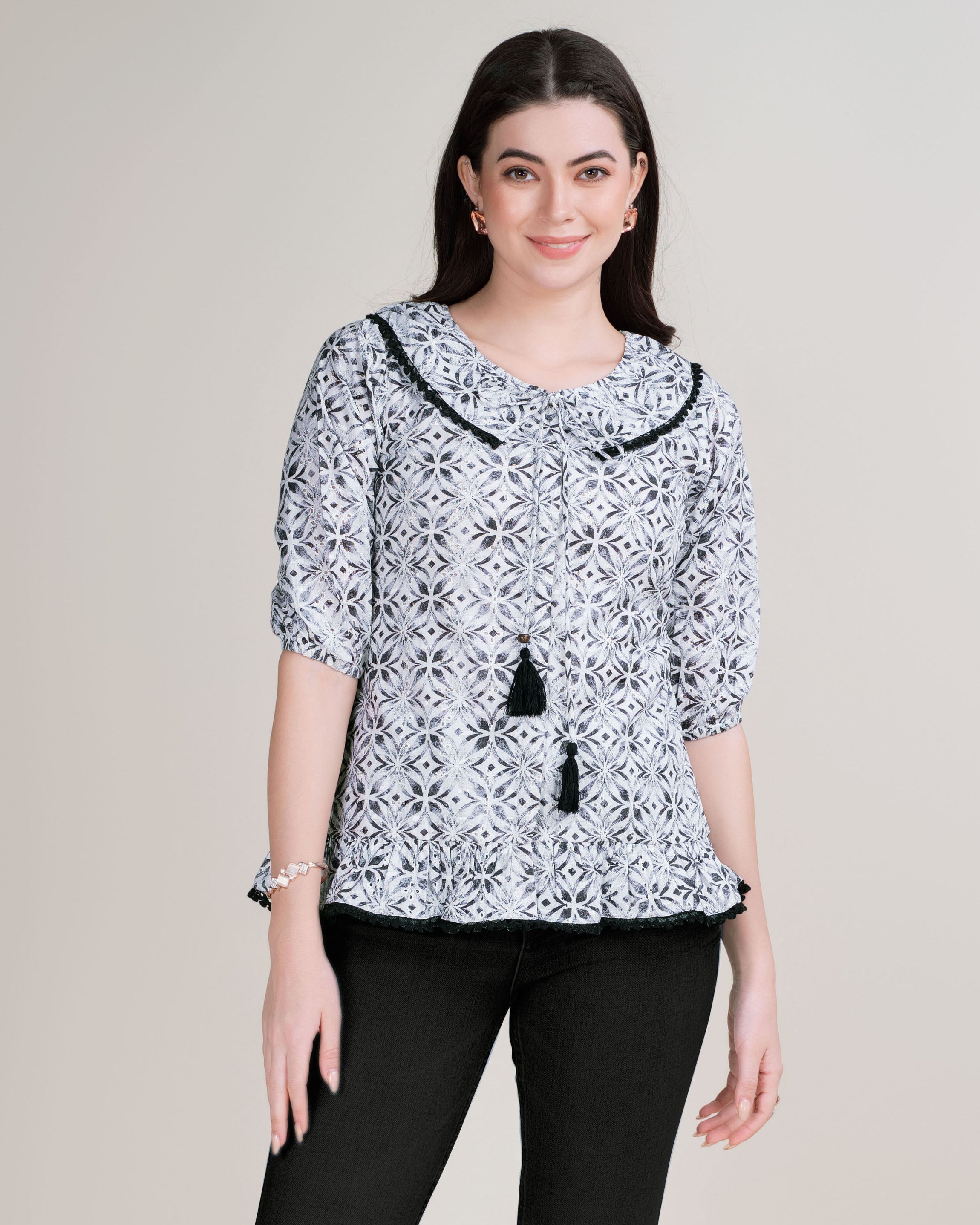 Black Cotton Blend Above the Keyboard Collar Abstract Printed Top by Her Couture