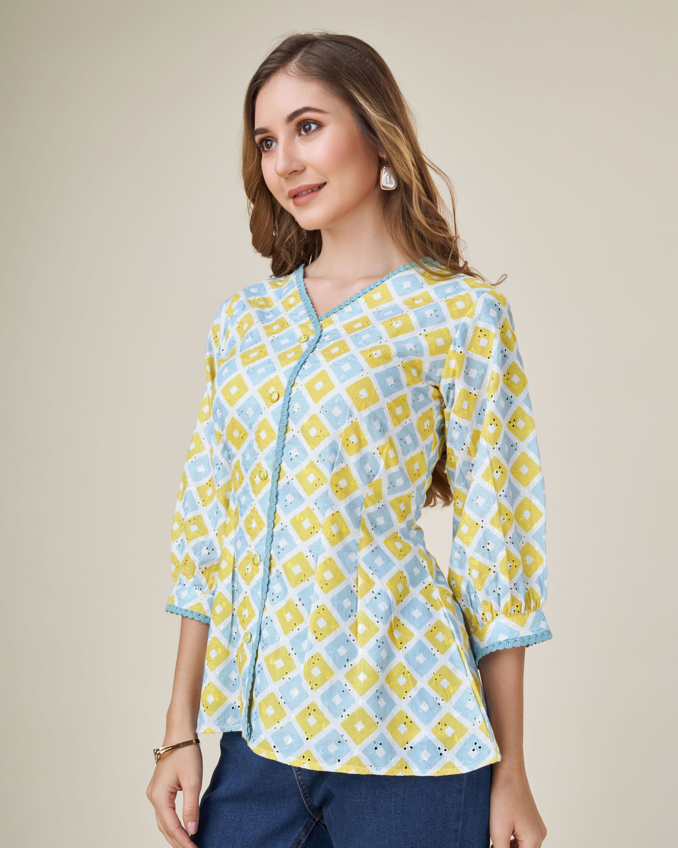 Her Couture Women's Light blue Pure Cotton Blend Abstract Printed Bored Schiffli Embroidered Shirt Style Top