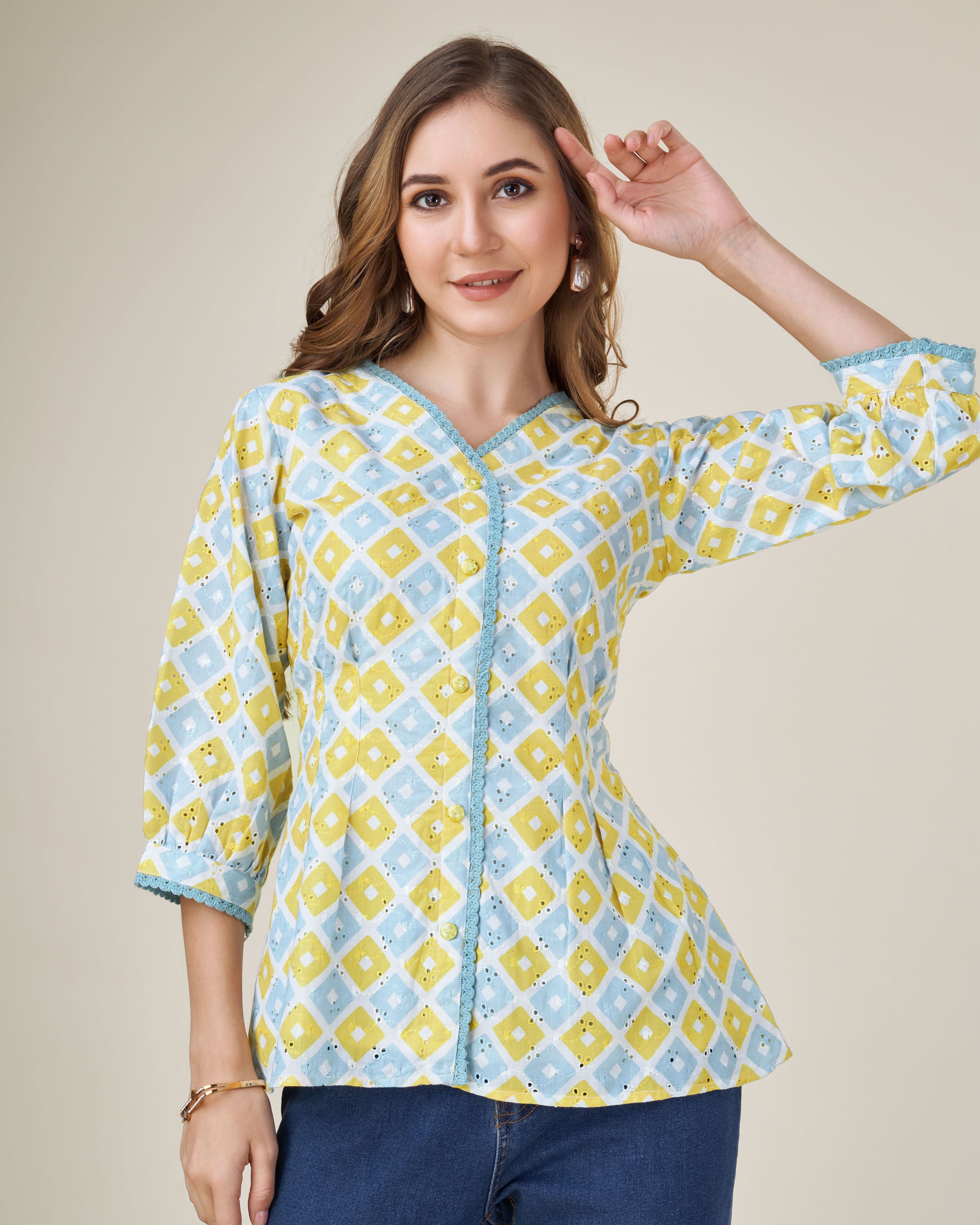 Light blue Cotton Blend V-Neck Abstract Printed Top by Her Couture