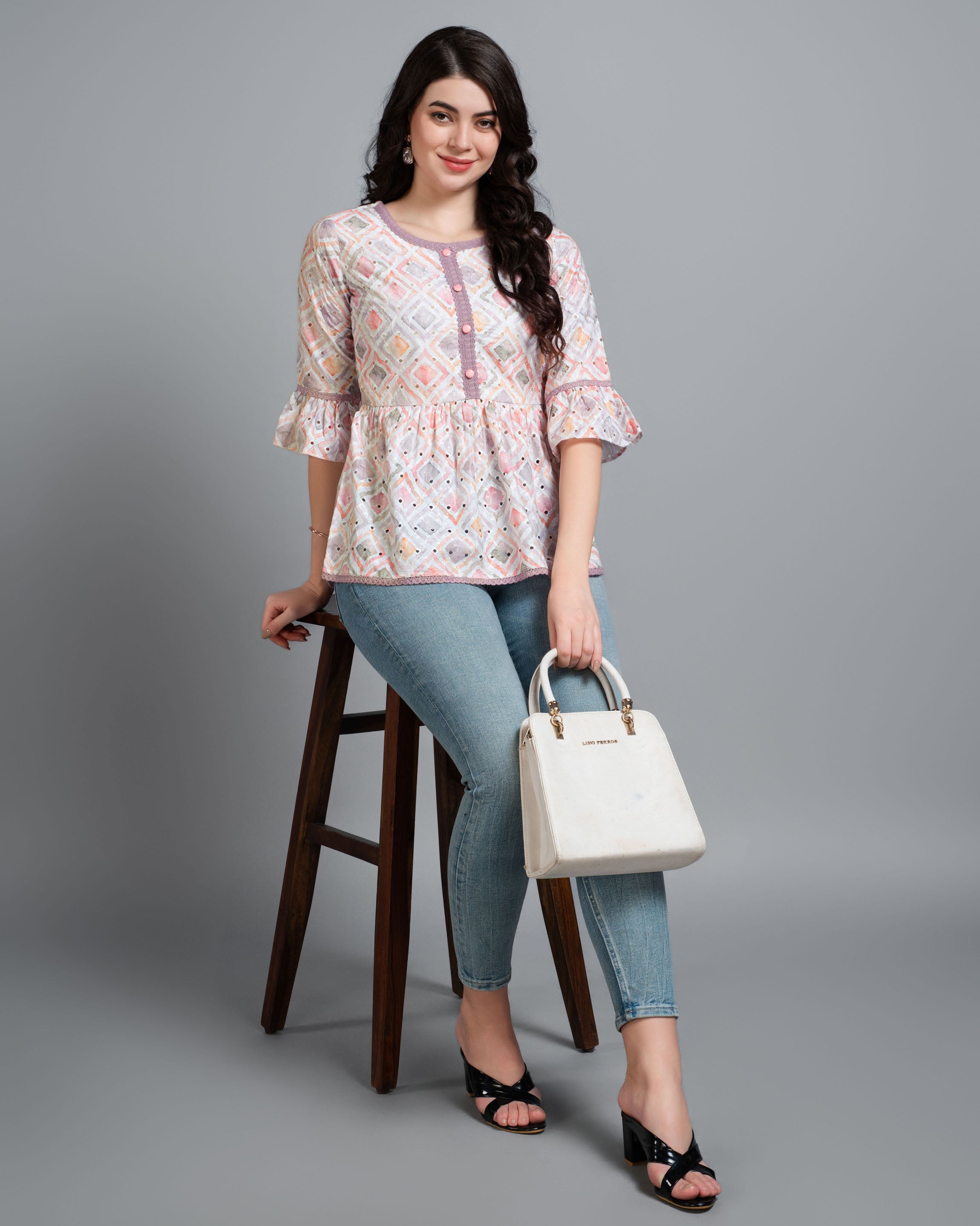 Her Couture Women's Mauve Pure Cotton Blend Abstract Printed Bored Schiffli Embroidered Peplum Top