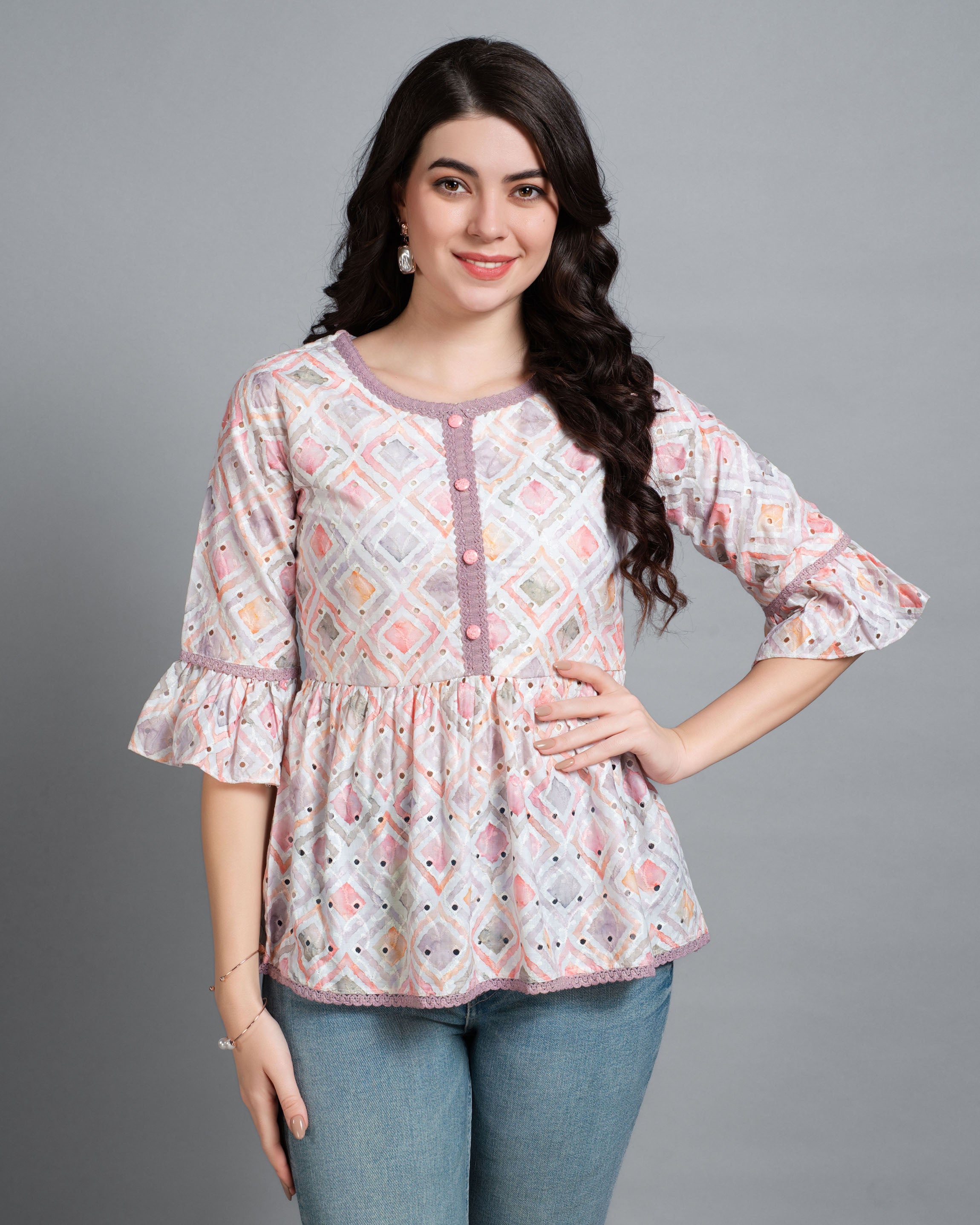 Mauve Cotton Blend Round Neck Abstract Printed Top by Her Couture