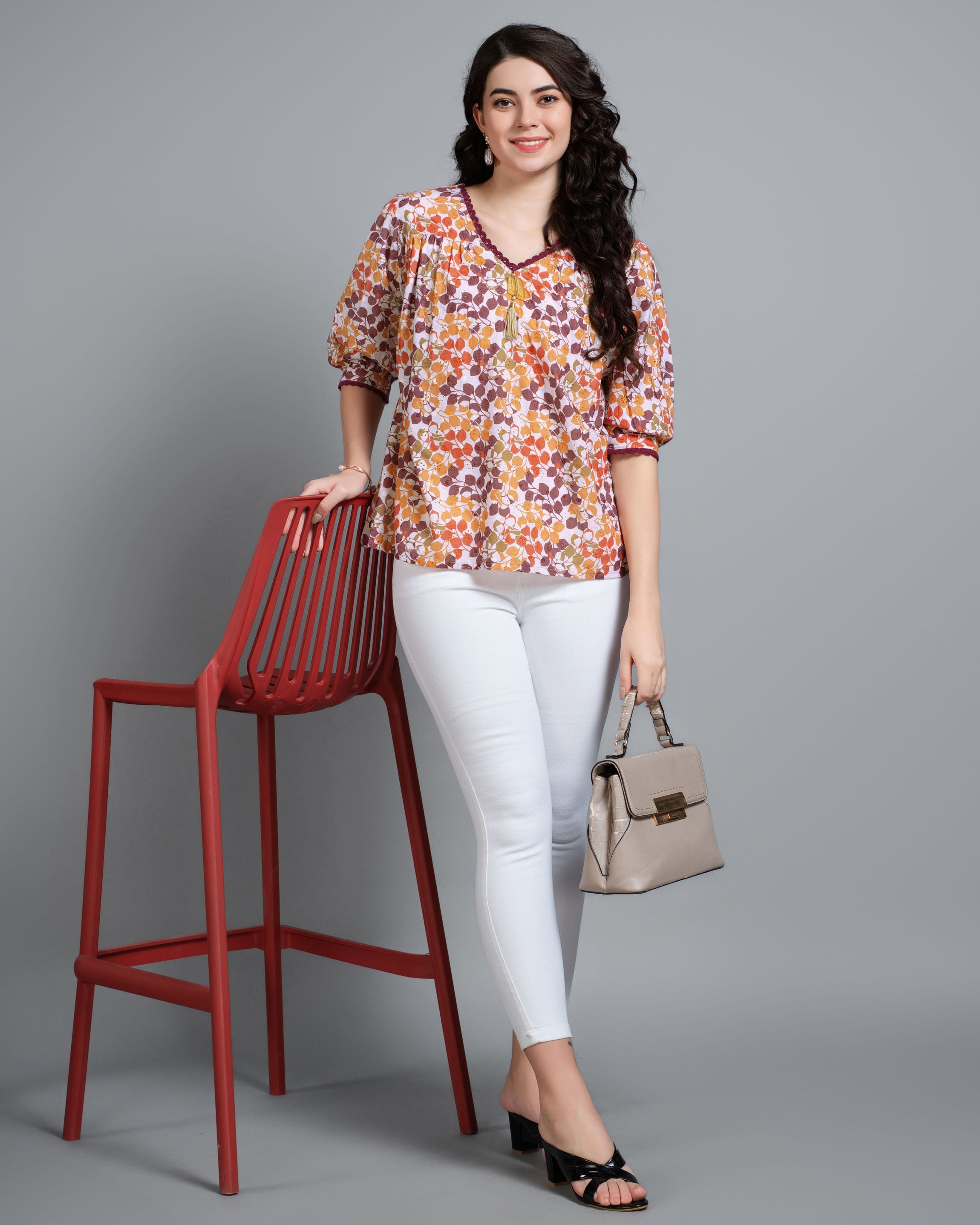 Her Couture Women's Multicolor Pure Cotton Blend Abstract Printed Bored Schiffli Embroidered A-line Top