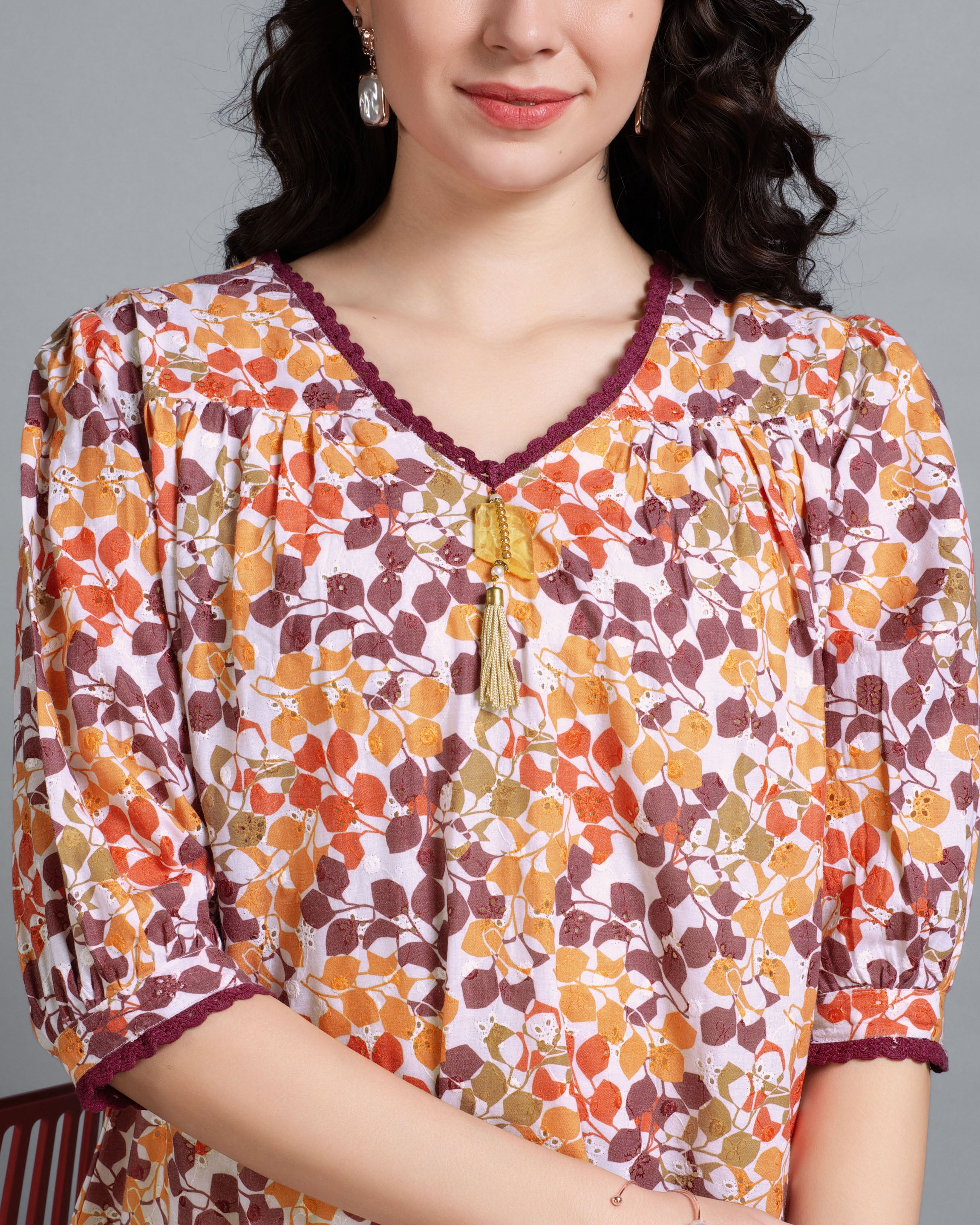 Her Couture Women's Multicolor Pure Cotton Blend Abstract Printed Bored Schiffli Embroidered A-line Top