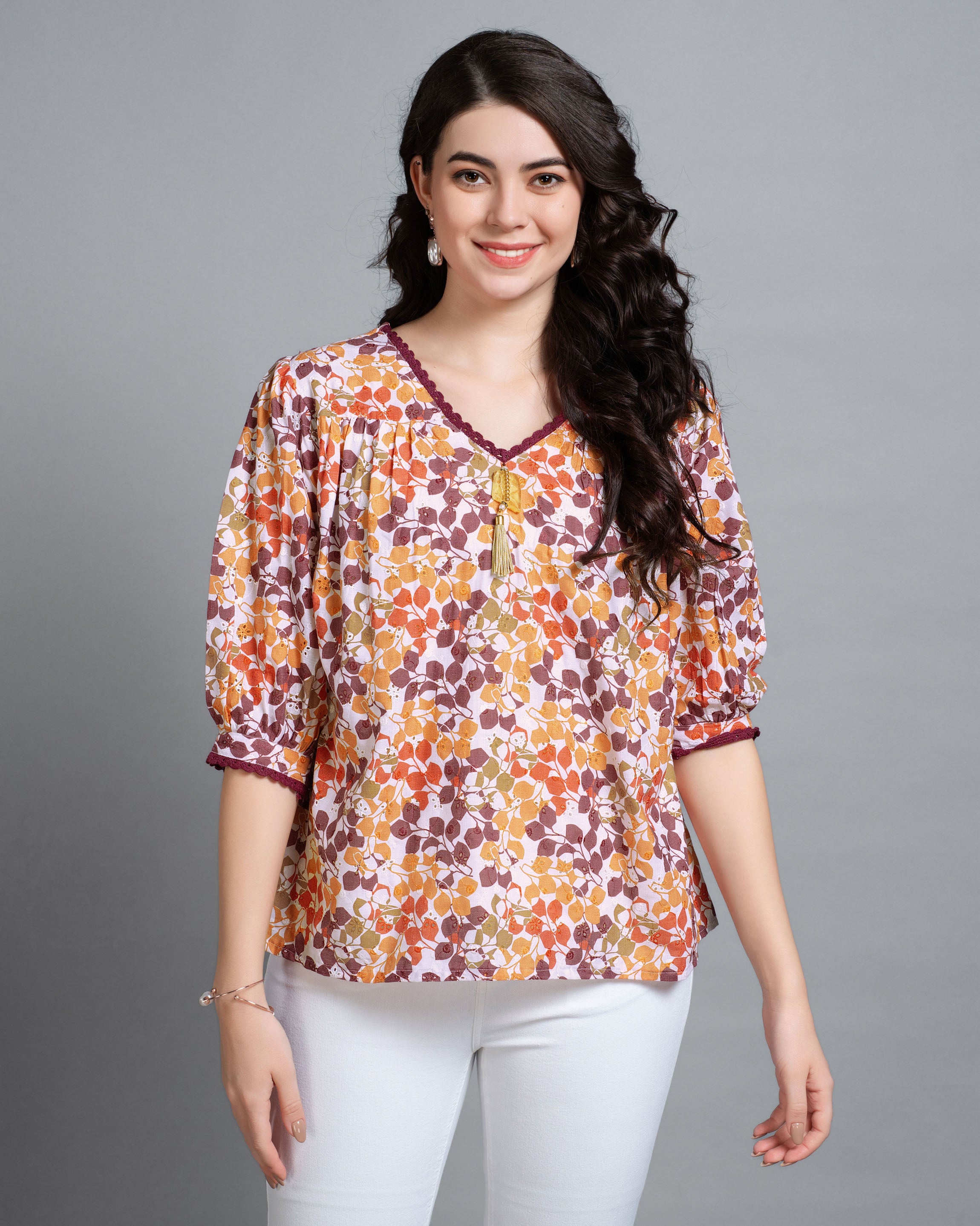 Multicolor Cotton Blend V-Neck Abstract Printed Top by Her Couture