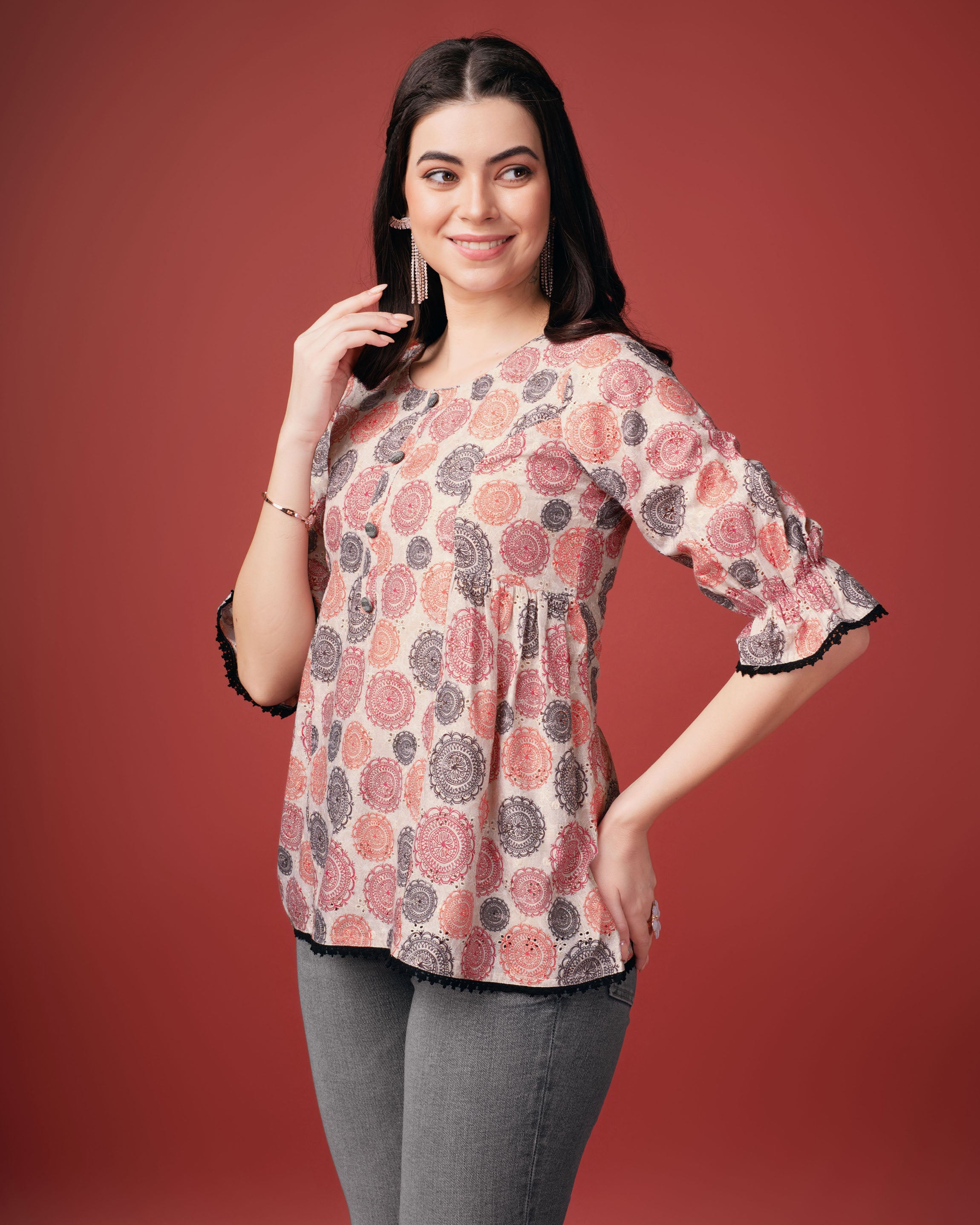 Her Couture Women's Beige Pure Cotton Blend Geometric Printed Bored Schiffli Embroidered A-line Top