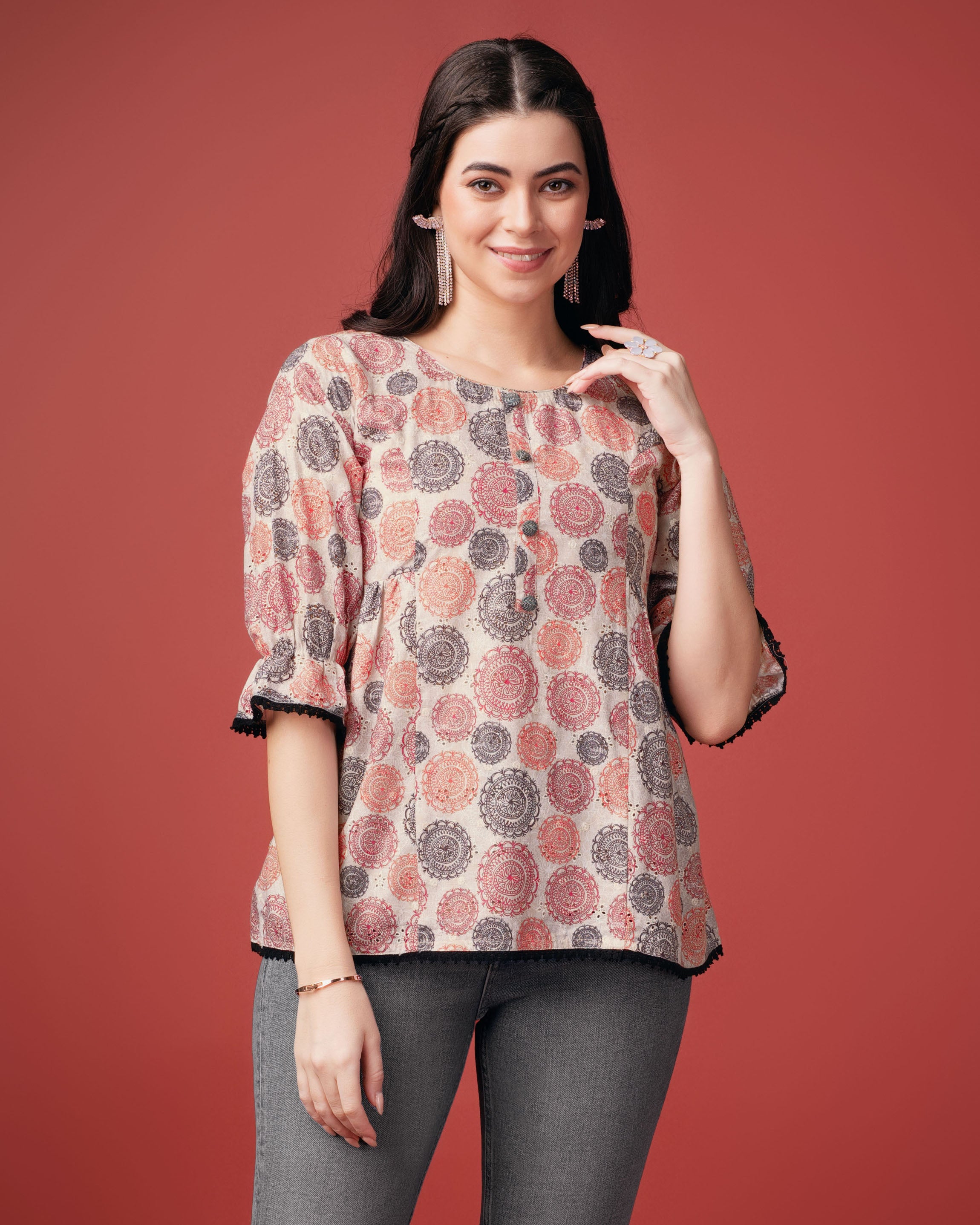 Beige Cotton Blend Round Neck Geometric Printed Top by Her Couture
