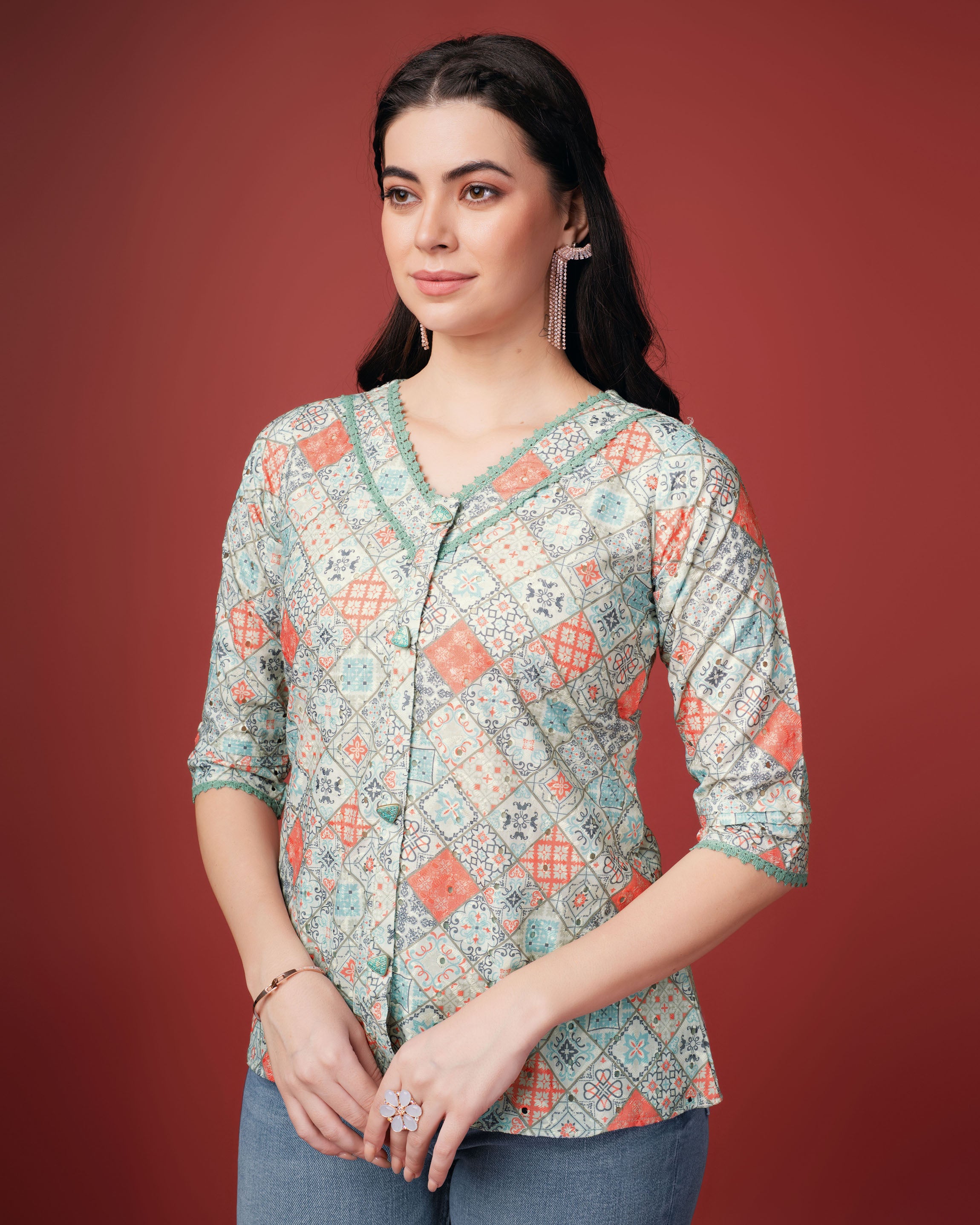 Her Couture Women's Sea Green Pure Cotton Blend Geometric Printed Bored Schiffli Embroidered Shirt Style Top