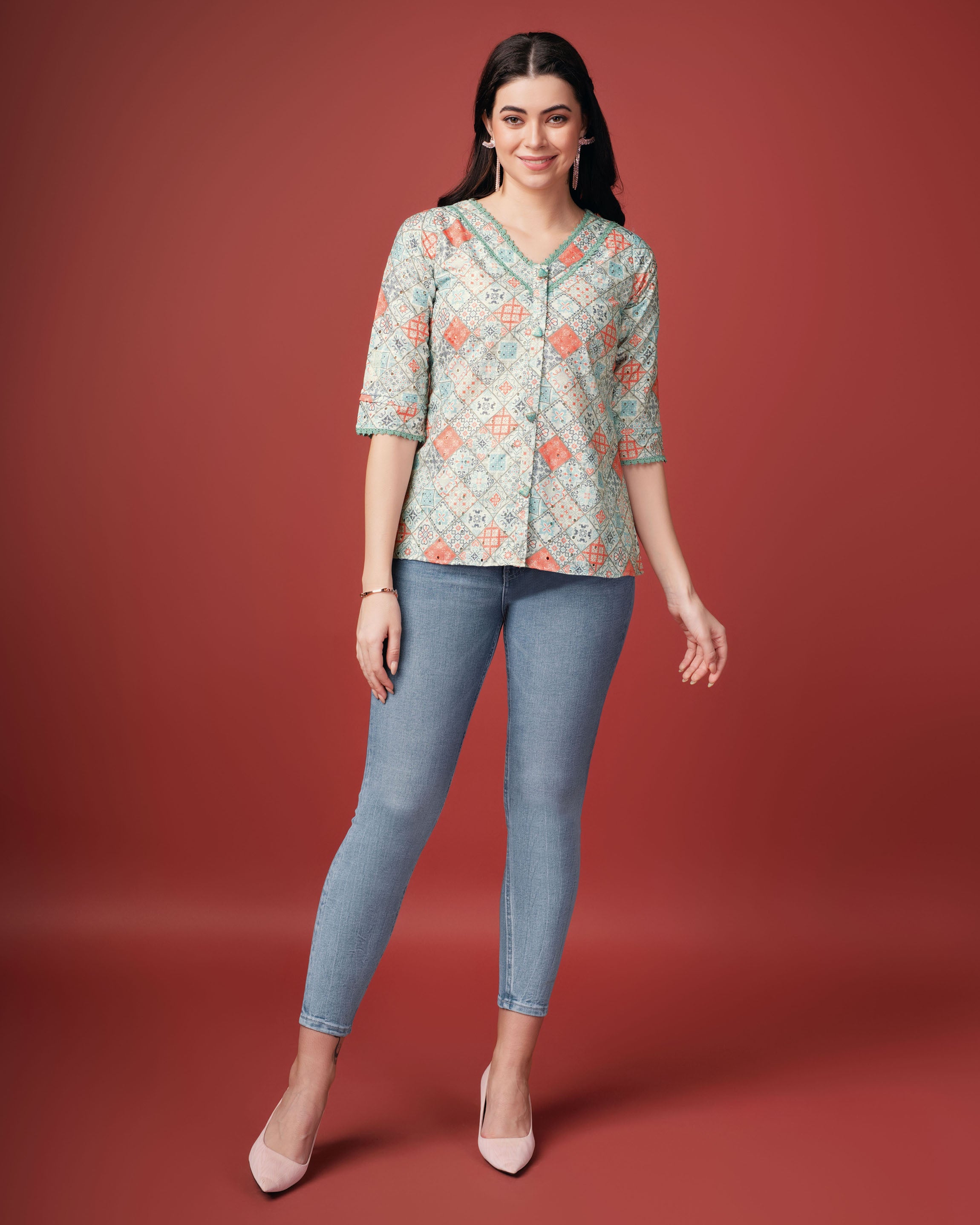Sea Green Cotton Blend V-Neck Geometric Printed Top by Her Couture