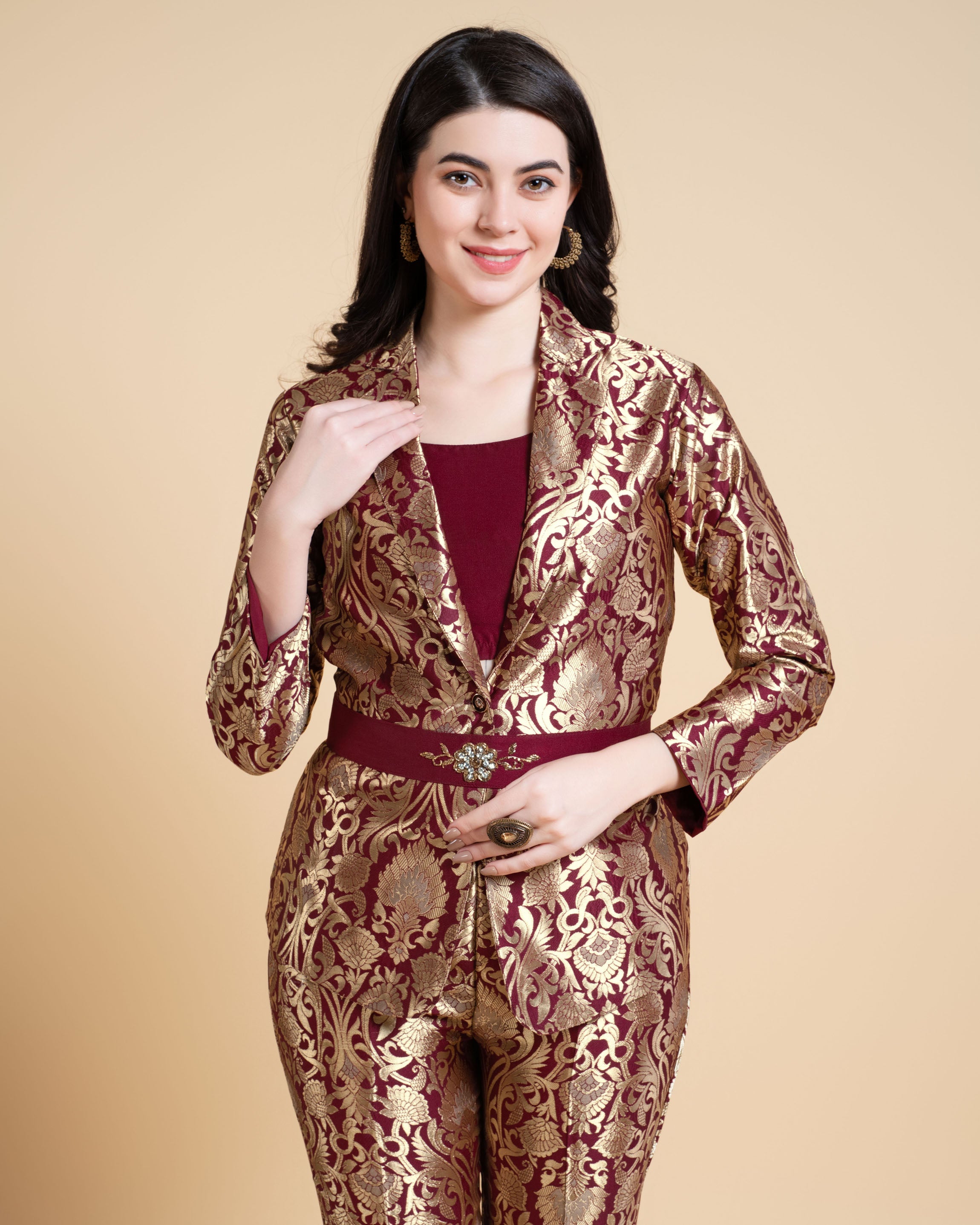 Her Couture Women's Maroon Jacquard Ethnic Motifs Brocade Woven Design Festive & Party Co-ord Set