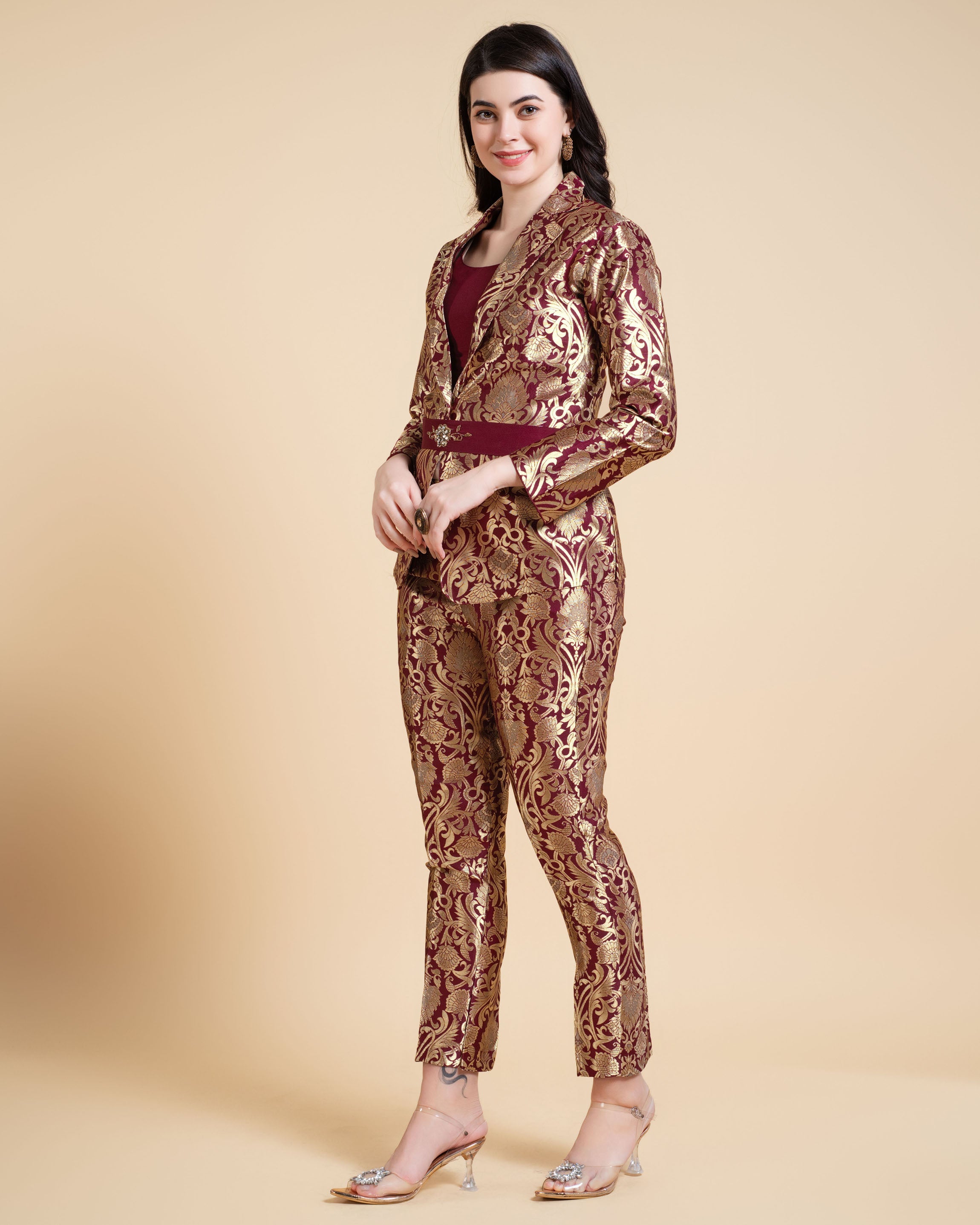 Her Couture Women's Maroon Jacquard Ethnic Motifs Brocade Woven Design Festive & Party Co-ord Set