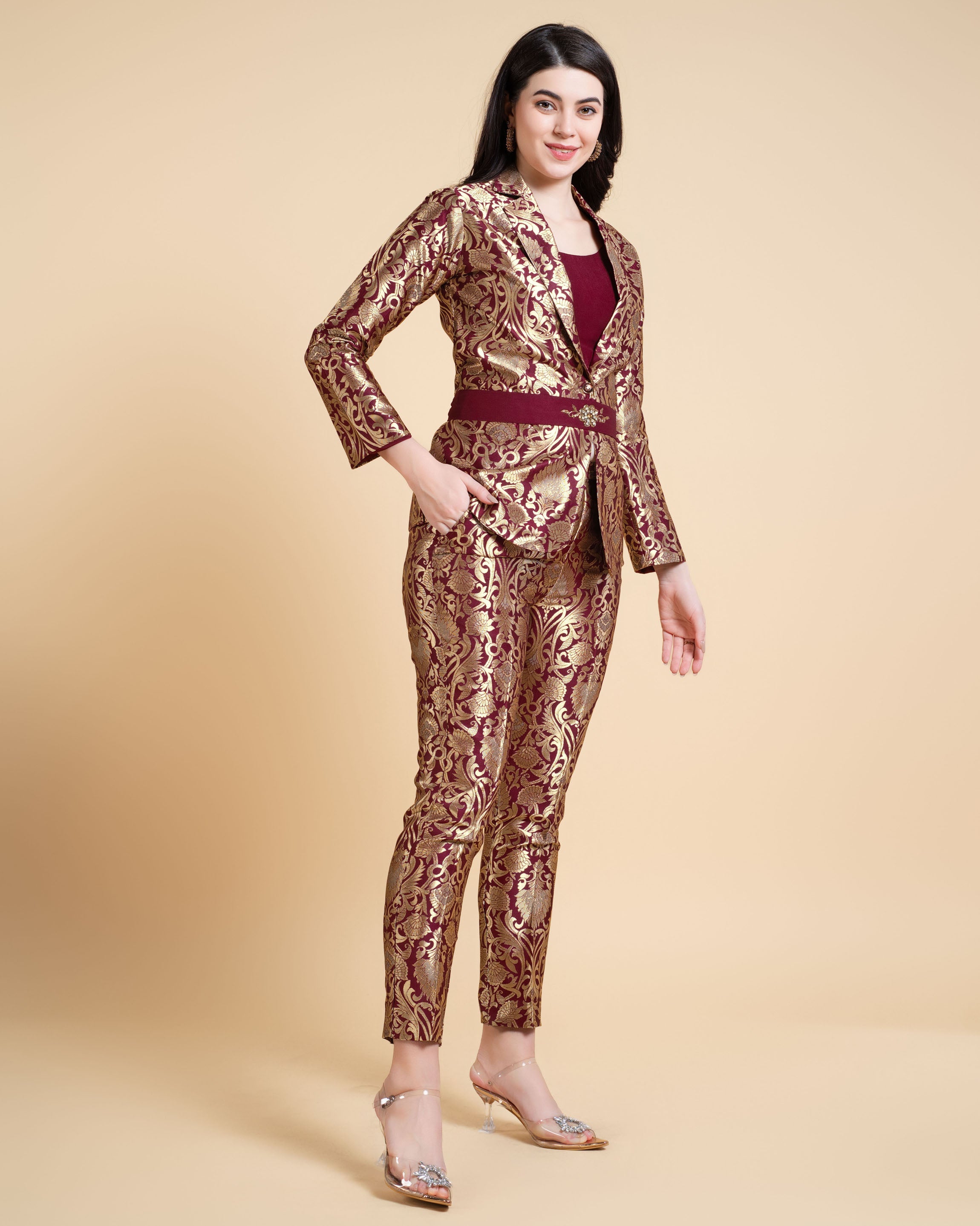 Her Couture Women's Maroon Jacquard Ethnic Motifs Brocade Woven Design Festive & Party Co-ord Set