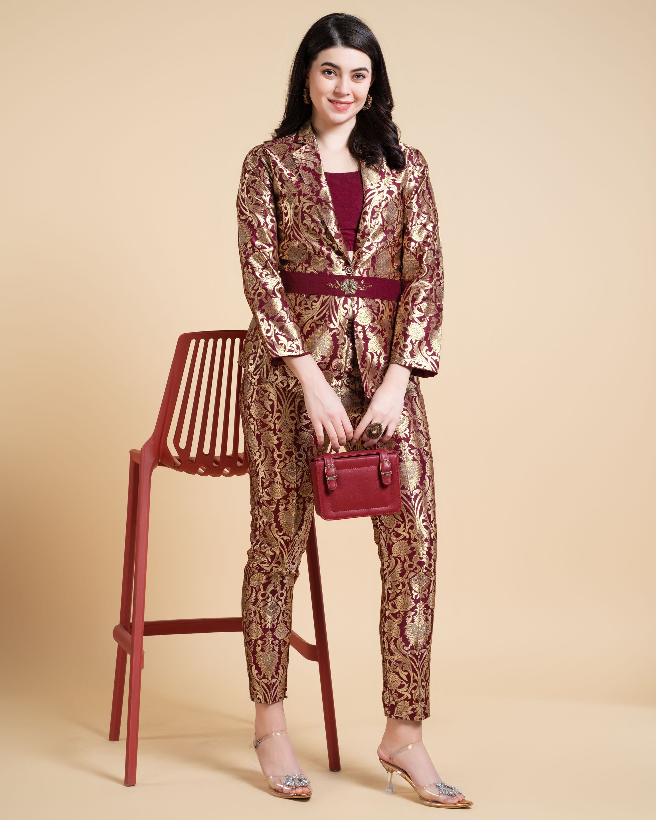 Her Couture Women's Maroon Jacquard Ethnic Motifs Brocade Woven Design Festive & Party Co-ord Set