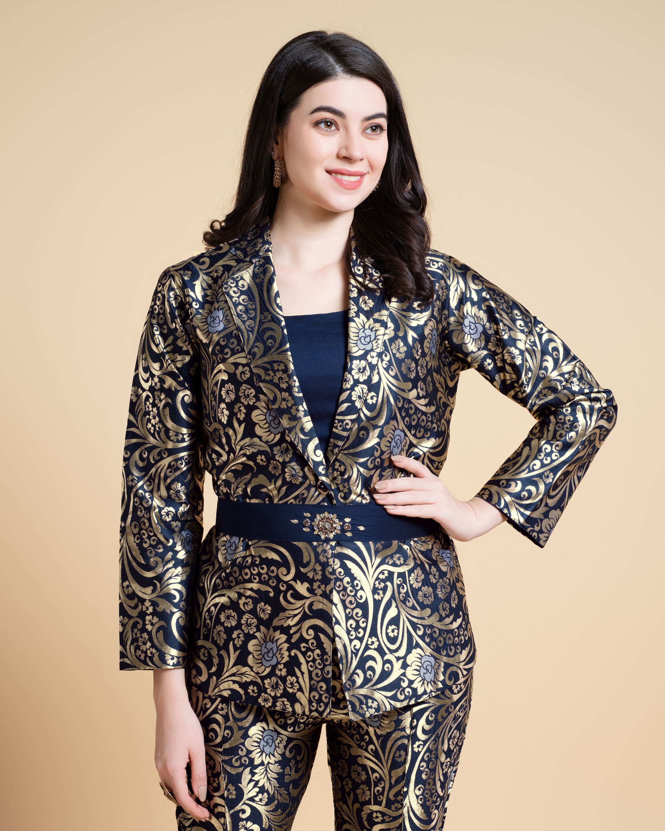 Her Couture Women's Navy Blue Jacquard Ethnic Motifs Brocade Woven Design Festive & Party Co-ord Set