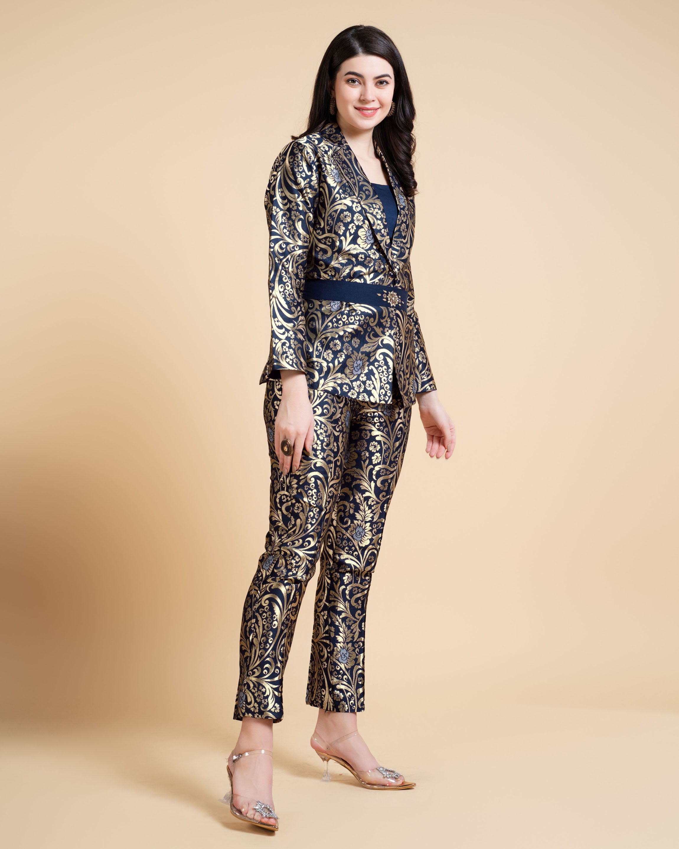 Her Couture Women's Navy Blue Jacquard Ethnic Motifs Brocade Woven Design Festive & Party Co-ord Set
