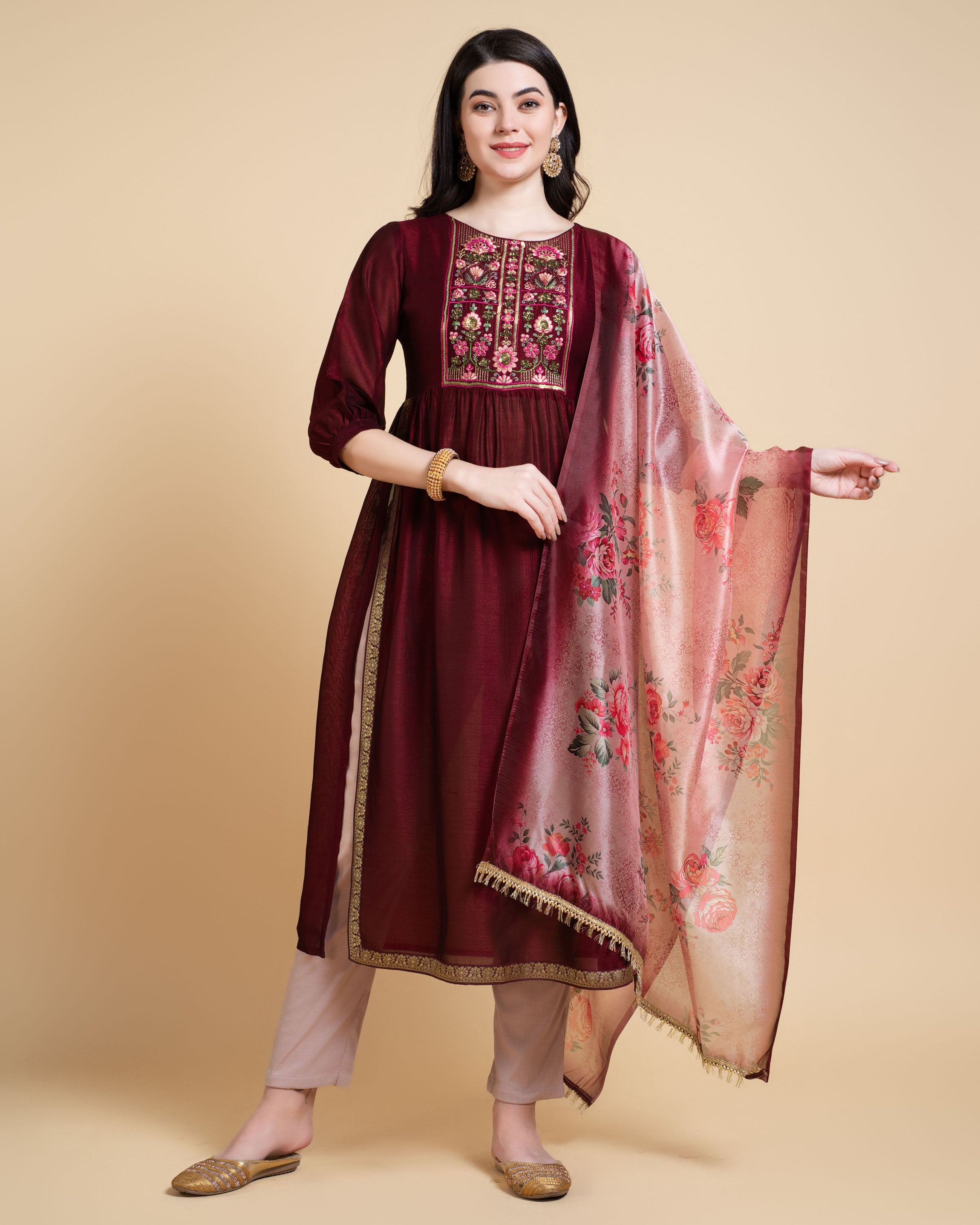 Maroon Vichitra Silk A-line Festive & Party Kurta Set by Her Couture