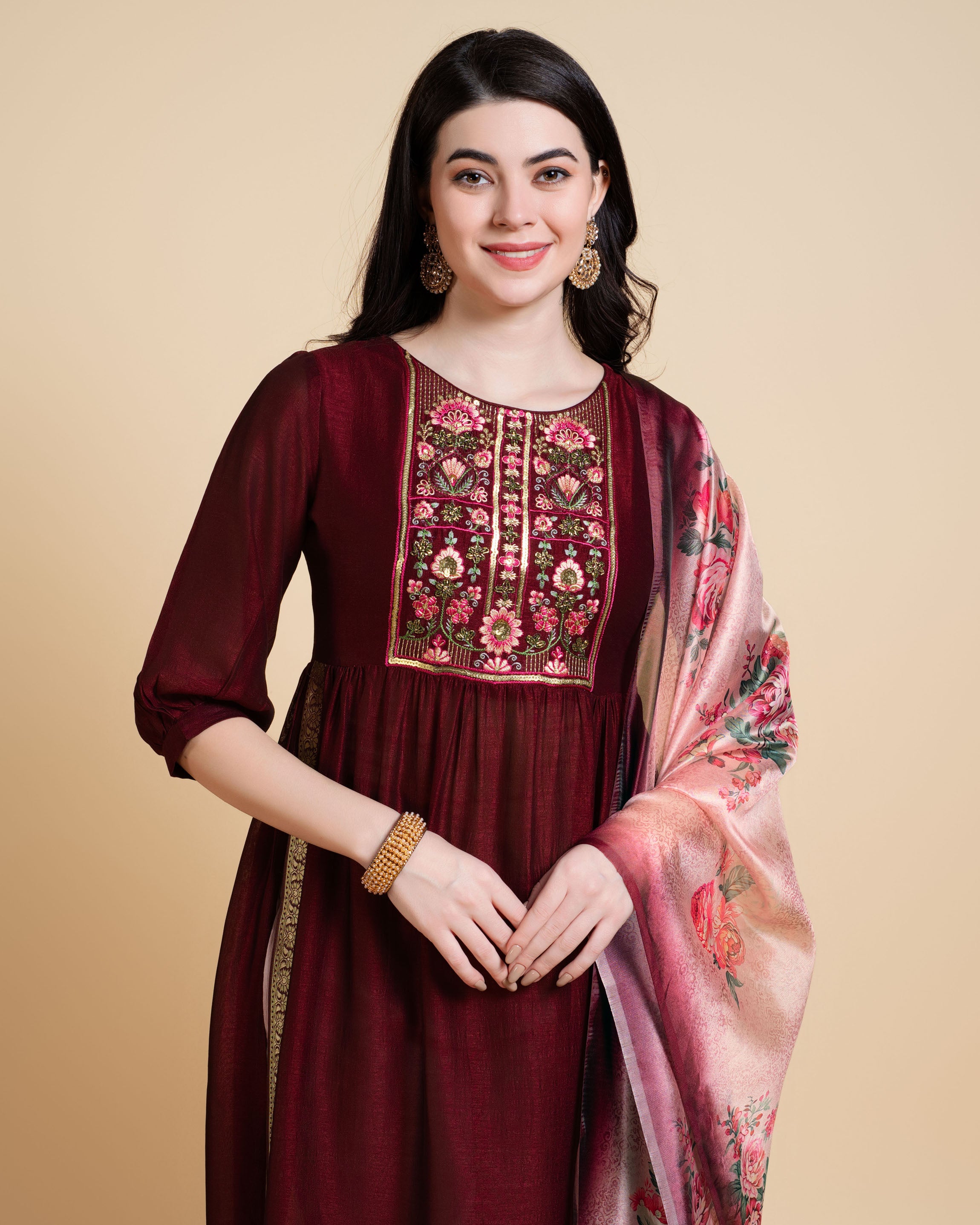 Her Couture Women's Maroon Vichitra Silk Nyra-cut Beaded Embroidered Kurta With Pant & Dupatta