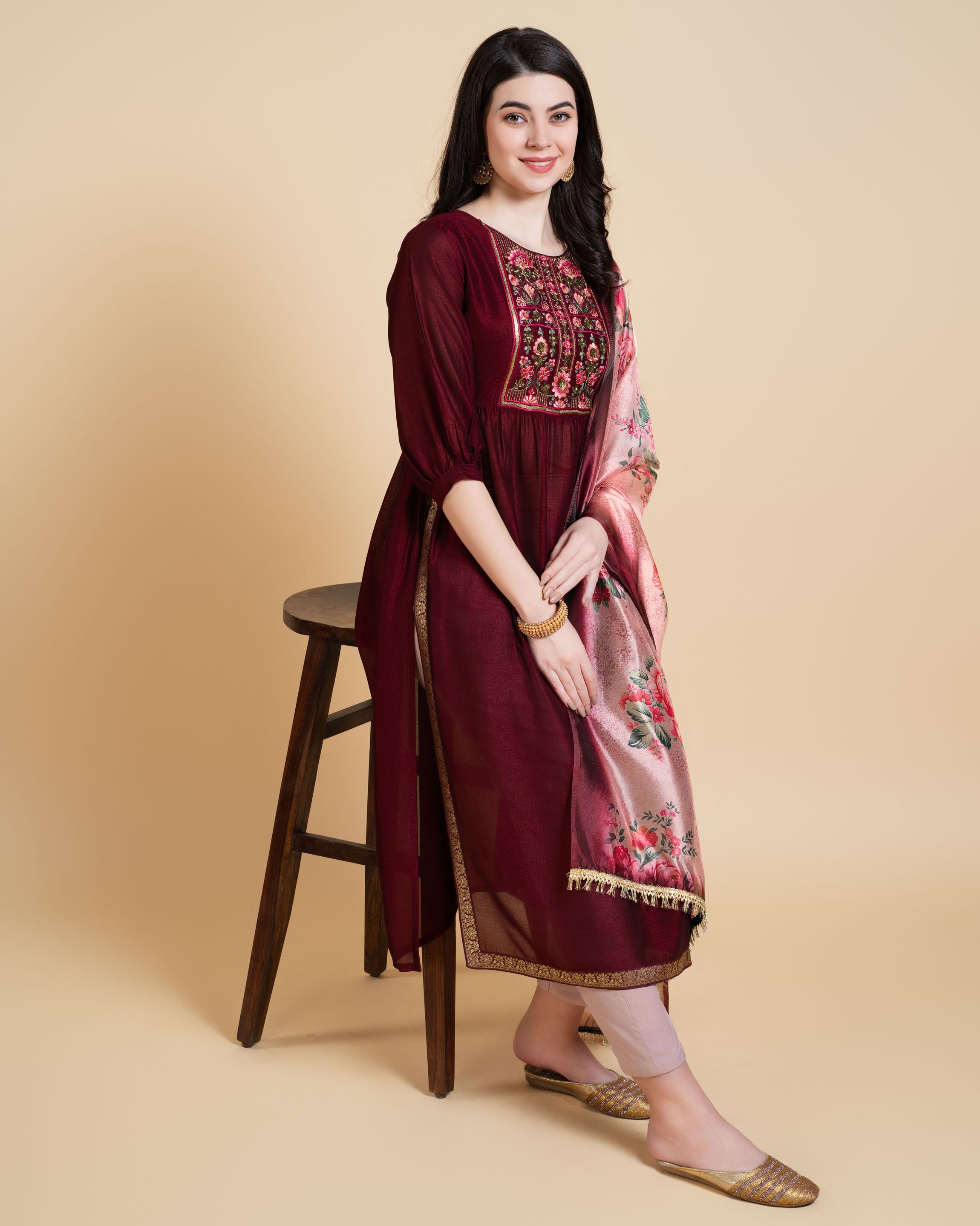 Her Couture Women's Maroon Vichitra Silk Nyra-cut Beaded Embroidered Kurta With Pant & Dupatta