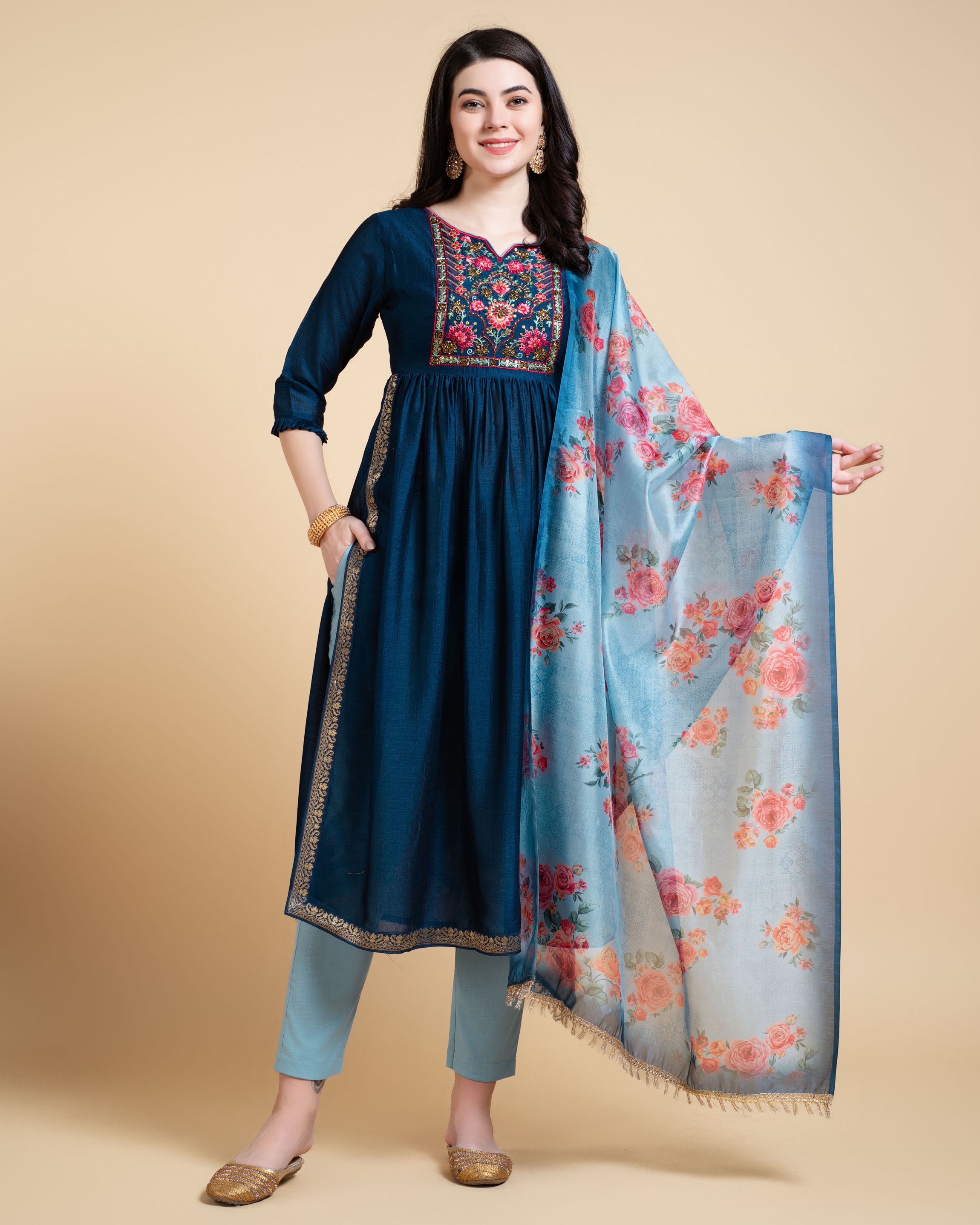 Teal Vichitra Silk A-line Festive & Party Kurta Set by Her Couture