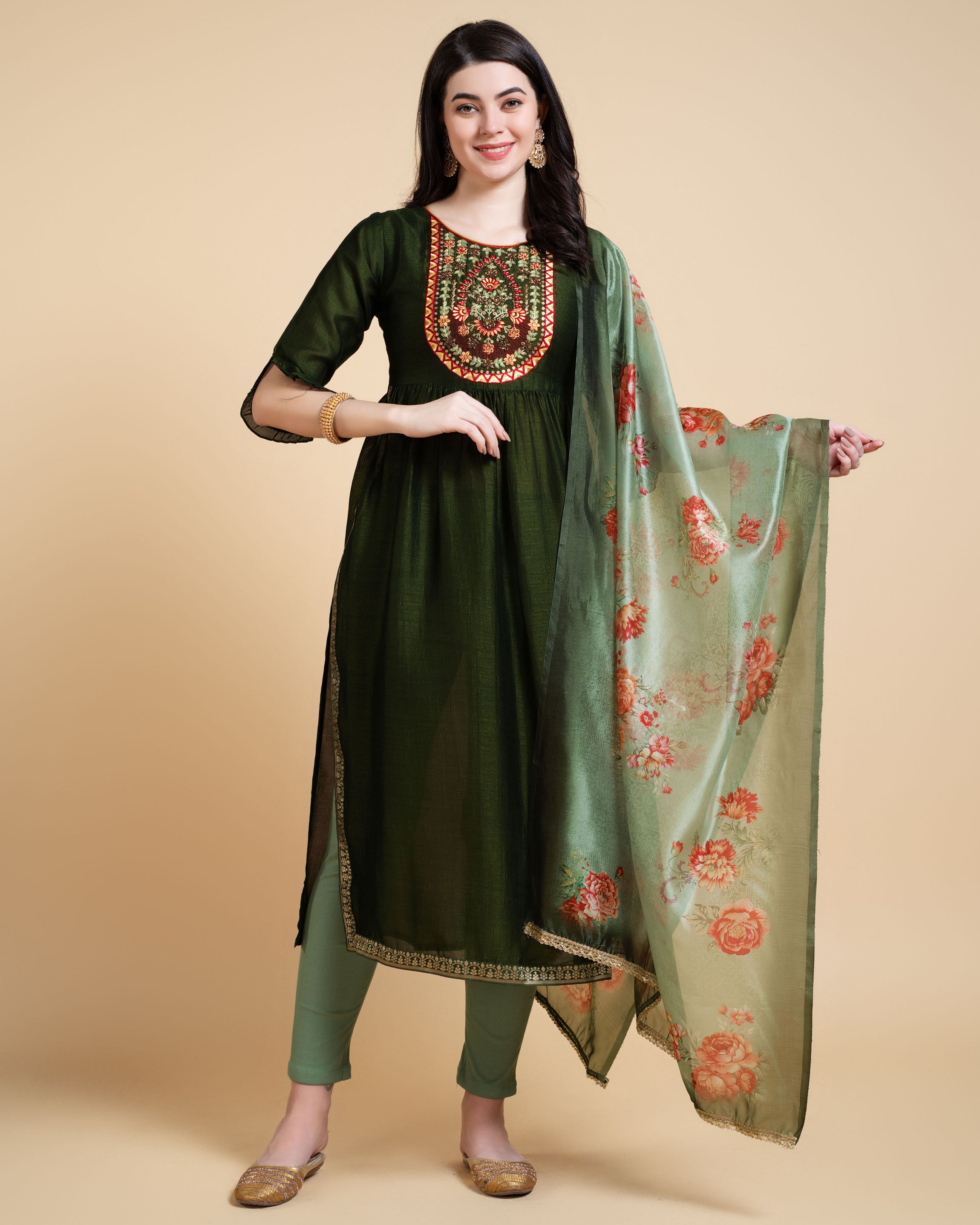 Green Vichitra Silk A-line Festive & Party Kurta Set by Her Couture