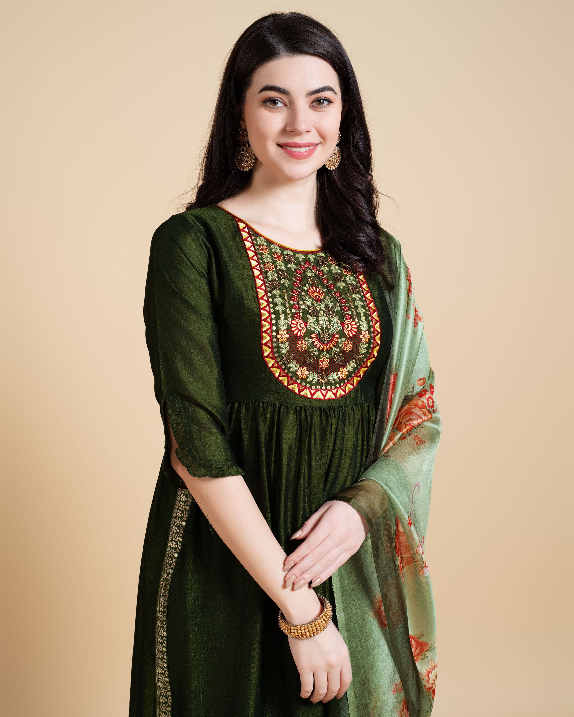 Her Couture Women's Green Vichitra Silk Nyra-cut Beaded Embroidered Kurta With Pant & Dupatta