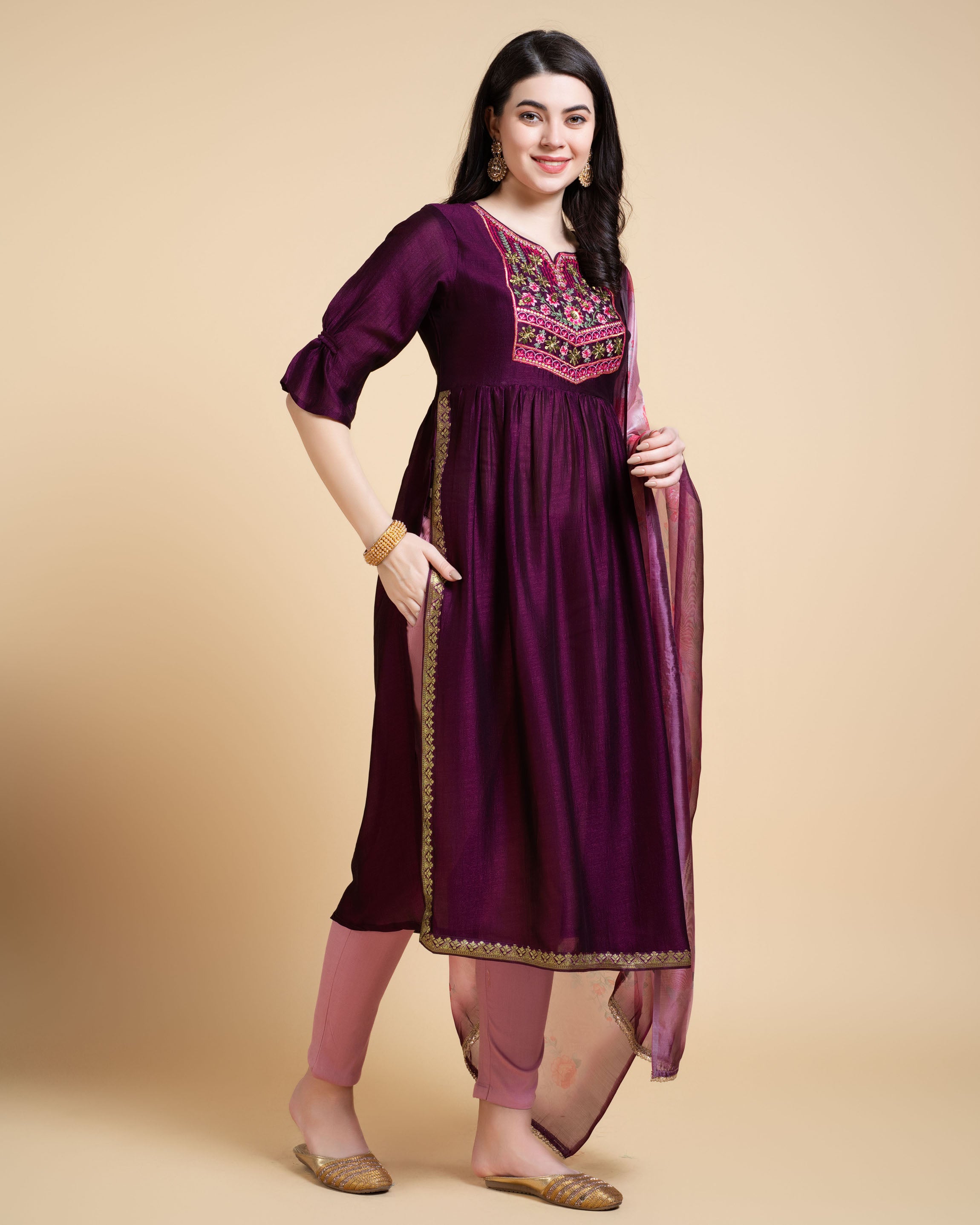 Her Couture Women's Purple Vichitra Silk Nyra-cut Beaded Embroidered Kurta With Pant & Dupatta