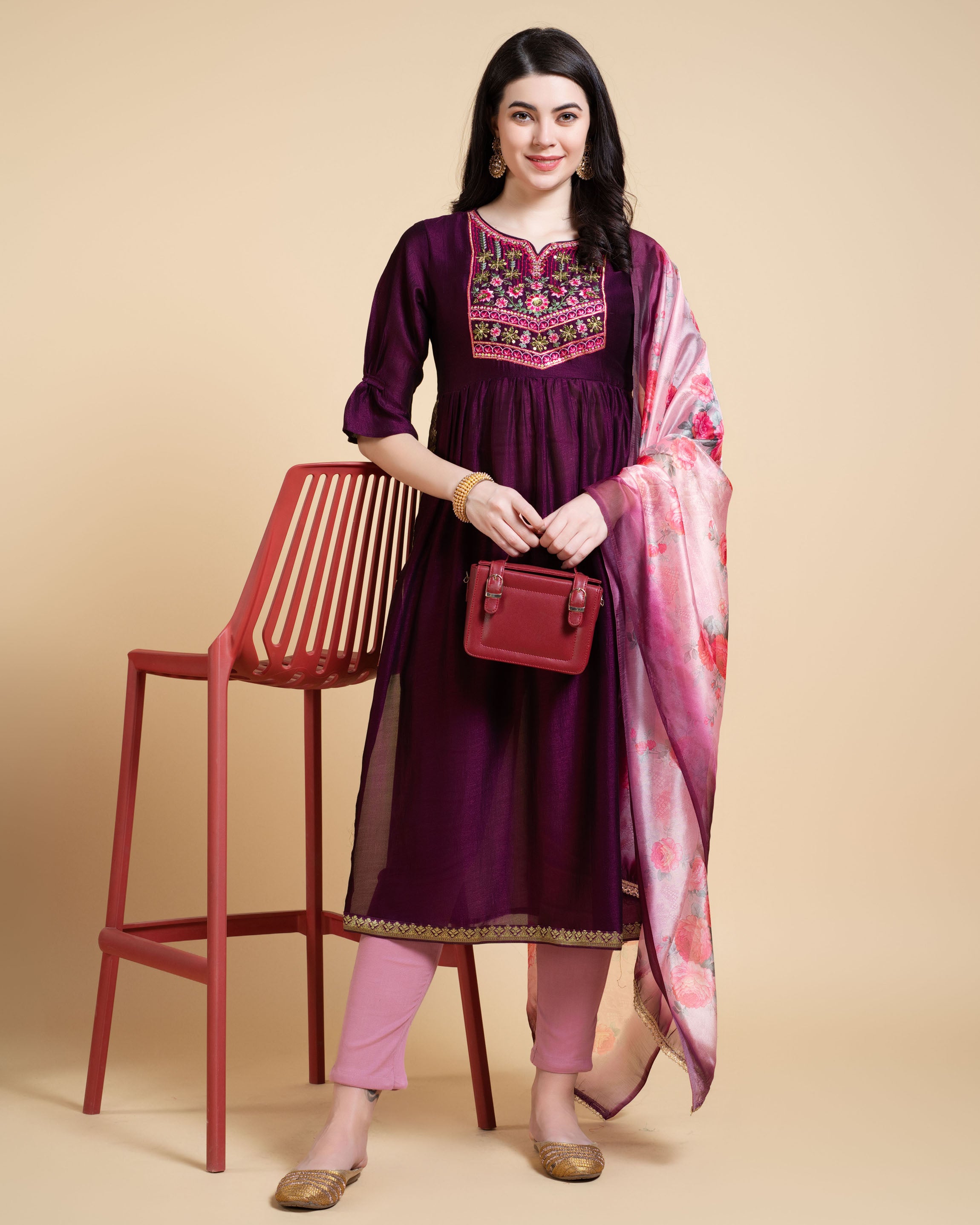 Her Couture Women's Purple Vichitra Silk Nyra-cut Beaded Embroidered Kurta With Pant & Dupatta