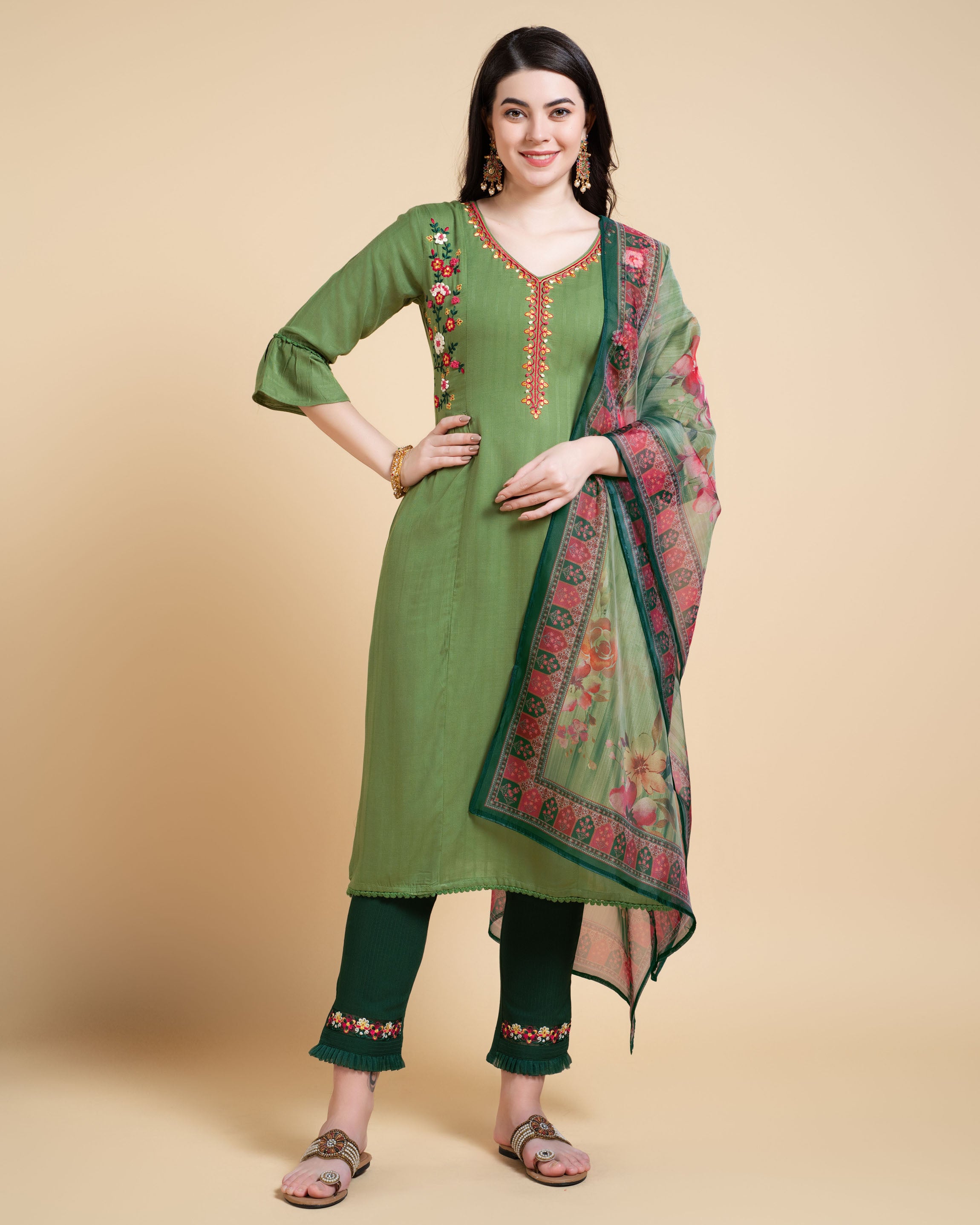 Green Rayon Straight Festive & Party Kurta Set by Her Couture
